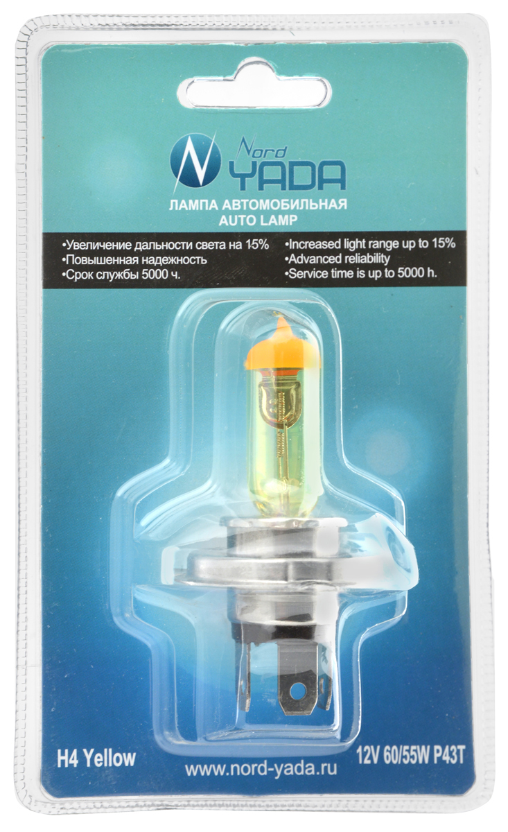 Лампа автомобильная галогенная Nord Yada Yellow, цоколь H4 P43t, 12V, 60/55W902148 Лампа автомобильная галогенная Nord Yada Yellow, цоколь H4 P43t, 12V, 60/55W902148Галогенная лампа Nord Yada Yellow - источник света, у которого светящим элементом является вольфрамовая спираль. У лампы есть большой запас срока службы (до 5000 ч). Способна выдержать большое количество включений и выключений. Питание: 12 В.Номинальная мощность: 55/60 Вт.