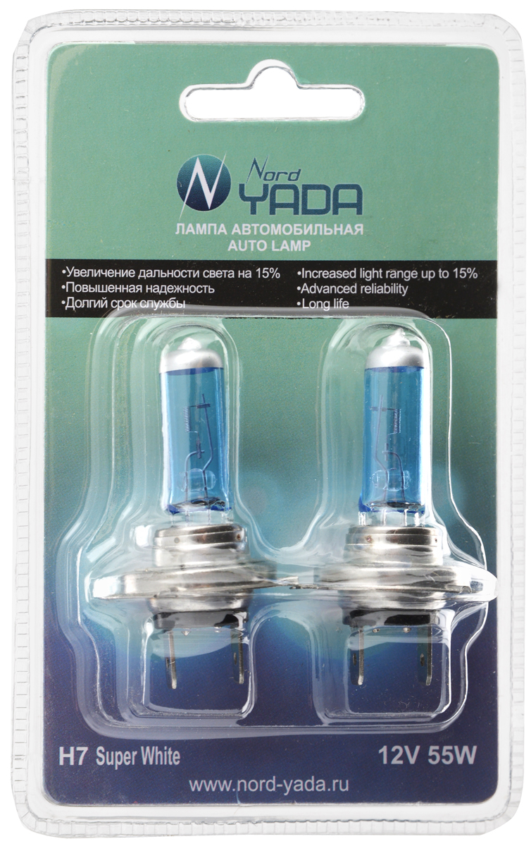 Лампа автомобильная галогенная Nord Yada Super White, цоколь H7, 12V, 55W, 2 шт. 902553902553 Лампа автомобильная галогенная Nord Yada Super White, цоколь H7, 12V, 55W, 2 шт. 902553902553Автомобильные галогенные лампы Nord Yada Super White - источники света, у которых светящим элементом является вольфрамовая спираль. У ламп есть большой запас срока службы. Способны выдержать большое количество включений и выключений. Питание: 12 В.Номинальная мощность: 55 Вт.В комплекте 2 лампы.