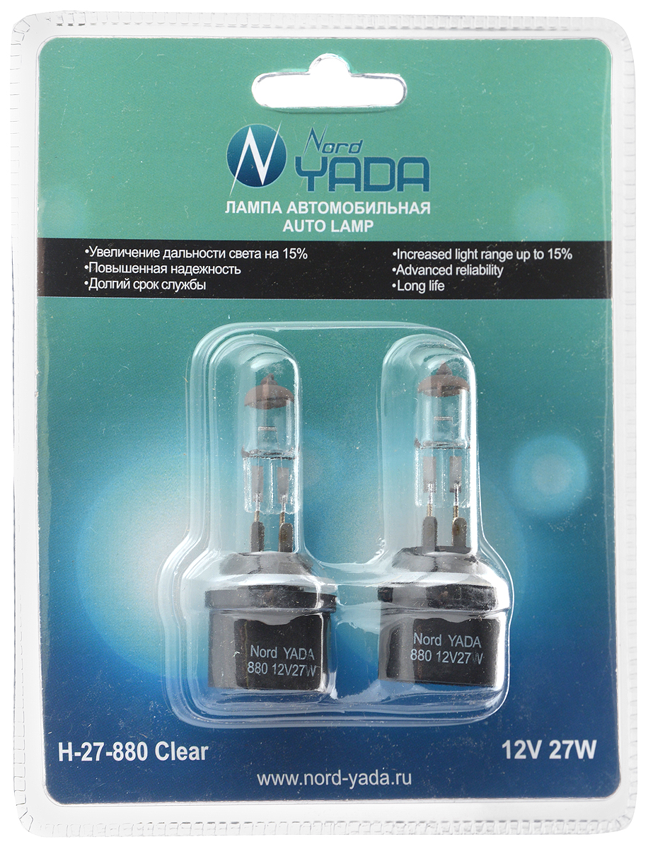 Лампа автомобильная галогенная Nord Yada Clear, цоколь H27(880), 12V, 27W, 2 шт. 902136902136 Лампа автомобильная галогенная Nord Yada Clear, цоколь H27(880), 12V, 27W, 2 шт. 902136902136Автомобильные галогенные лампы Nord Yada Clear - источники света, у которых светящим элементом является вольфрамовая спираль. У ламп есть большой запас срока службы. Способны выдержать большое количество включений и выключений. Питание: 12 В.Номинальная мощность: 27 Вт.В комплекте 2 лампы.