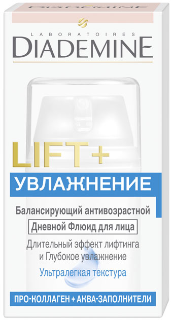 Diademine LIFT+Увлажнение Флюид для лица, 50 мл2083499 Diademine LIFT+Увлажнение Флюид для лица, 50 мл2083499LIFT+ УВЛАЖНЕНИЕ Дневной Флюид, разработан специально для смешанной кожи и сочетает 2 мощных антивозрастных действия: Формула с Про-Коллагеном воздействует на 5 наиболее важных типов кол-лагена в коже, укрепляя его структурную сеть. В результате достигается эффект лифтинга и повышается упругость кожи.Аква-Заполнители и Гиалурон способствуют естественному восполнению запаса влаги, придавая коже свежесть, мягкость и более здоровый вид.