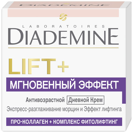 Diademine LIFT+ Мгновенный эффект Дневной крем, 50 мл2083504 Diademine LIFT+ Мгновенный эффект Дневной крем, 50 мл2083504LIFT+ МГНОВЕННЫЙ ЭФФЕКТ Дневной крем сочетает 2 мощных действия: Формула с Про-Коллагеном воздействует на наиболее важные типы коллагена в коже, укрепляя его структурную сеть. В результате достигается эффект лифтинга и повышается упругость кожи. Комплекс Фитолифтинг создает невидимую вуаль на поверхности кожи, которая обеспечивает мгновенный разглаживающий эффект.