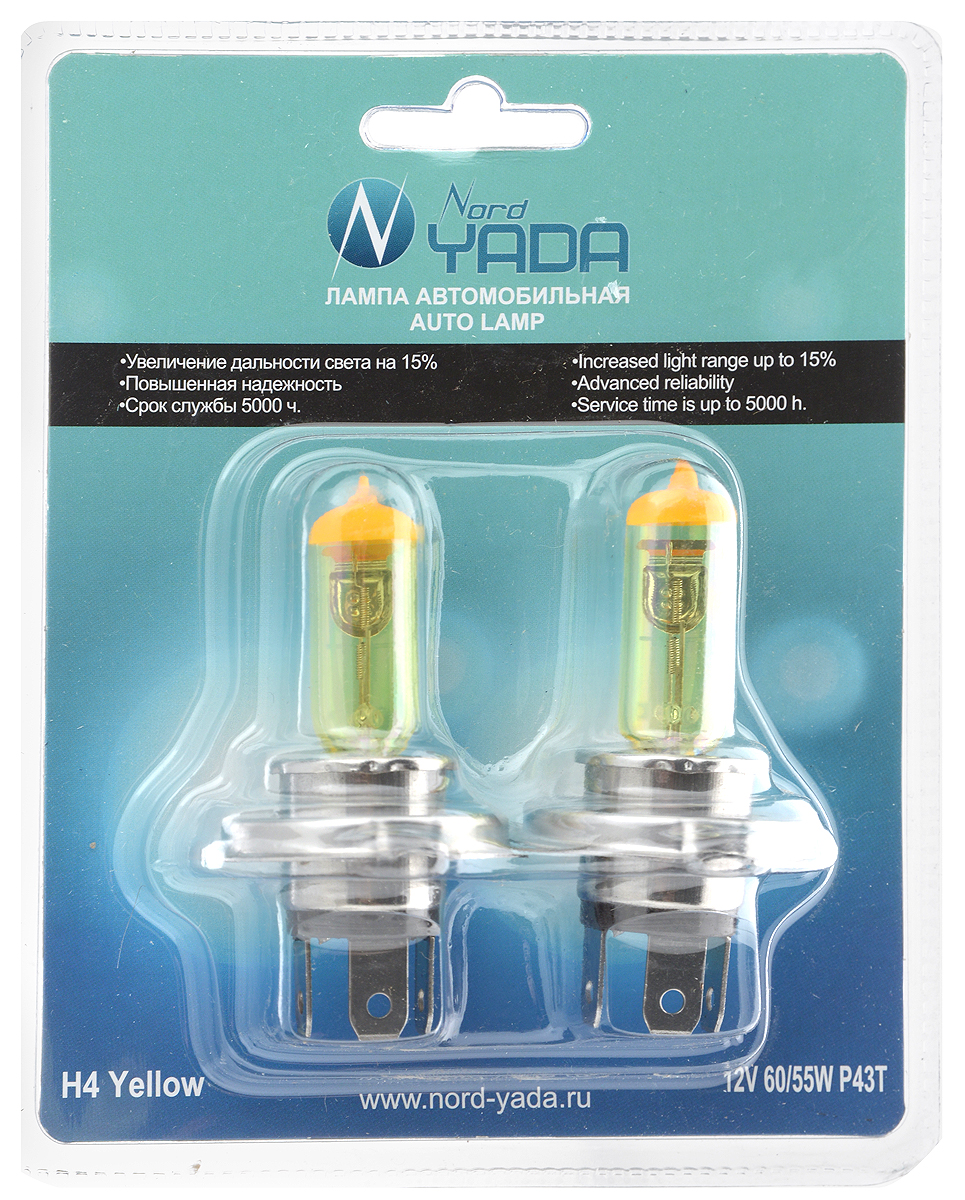 Лампа автомобильная галогенная Nord Yada Yellow, цоколь H4 P43t, 12V, 60/55W, 2 шт902149 Лампа автомобильная галогенная Nord Yada Yellow, цоколь H4 P43t, 12V, 60/55W, 2 шт902149Автомобильные галогенные лампы Nord Yada Yellow - источники света, у которых светящим элементом является вольфрамовая спираль. У ламп есть большой запас срока службы (до 5000 ч). Способны выдержать большое количество включений и выключений. Питание: 12 В.Номинальная мощность: 55/60 Вт.В комплекте 2 лампы.