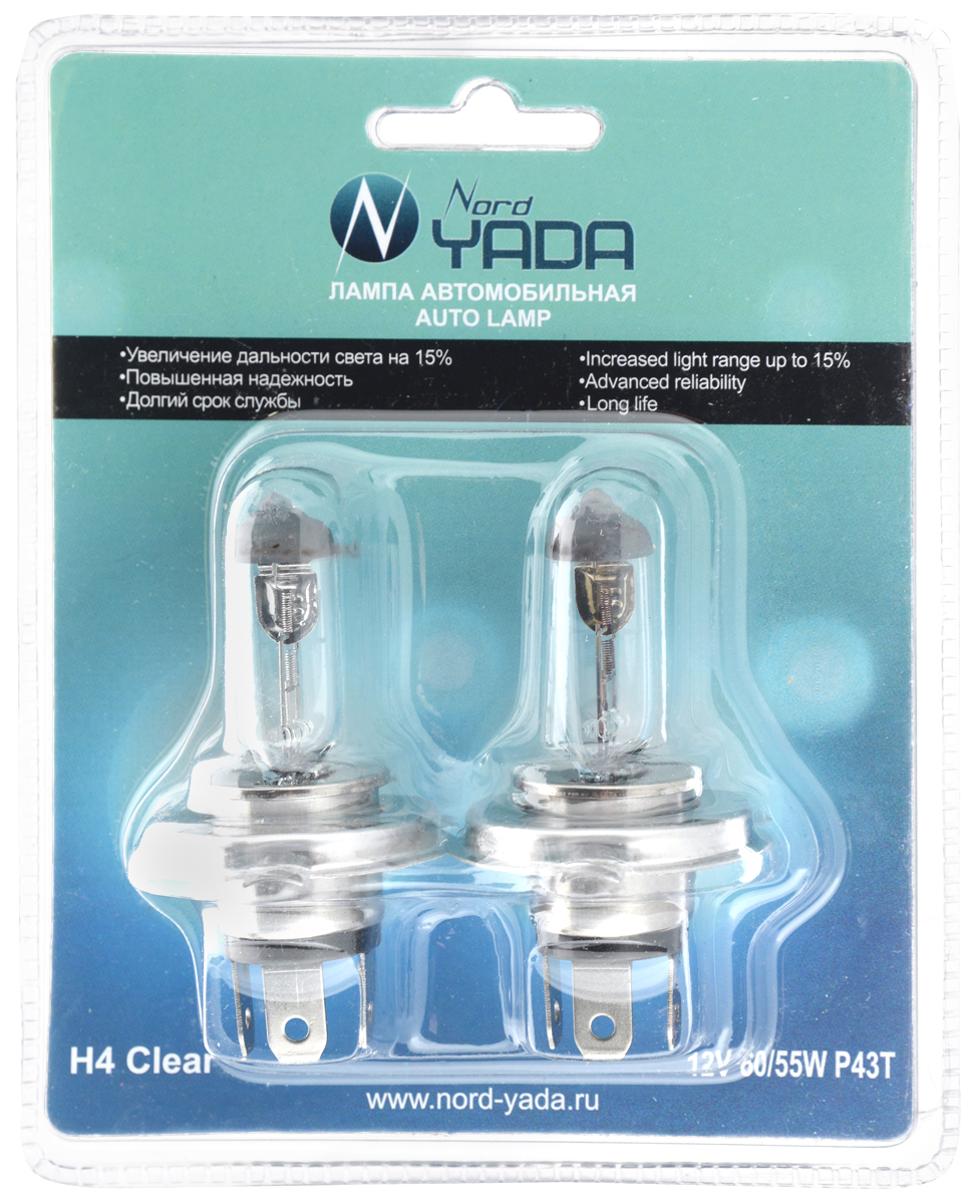 Лампа автомобильная галогенная Nord Yada Clear, цоколь H4 P43t, 12V, 60/55W, 2 шт902231 Лампа автомобильная галогенная Nord Yada Clear, цоколь H4 P43t, 12V, 60/55W, 2 шт902231Автомобильные галогенные лампы Nord Yada Clear - источники света, у которых светящим элементом является вольфрамовая спираль. У ламп есть большой запас срока службы. Способны выдержать большое количество включений и выключений. Питание: 12 В.Номинальная мощность: 55/60 Вт.В комплекте 2 ламп
