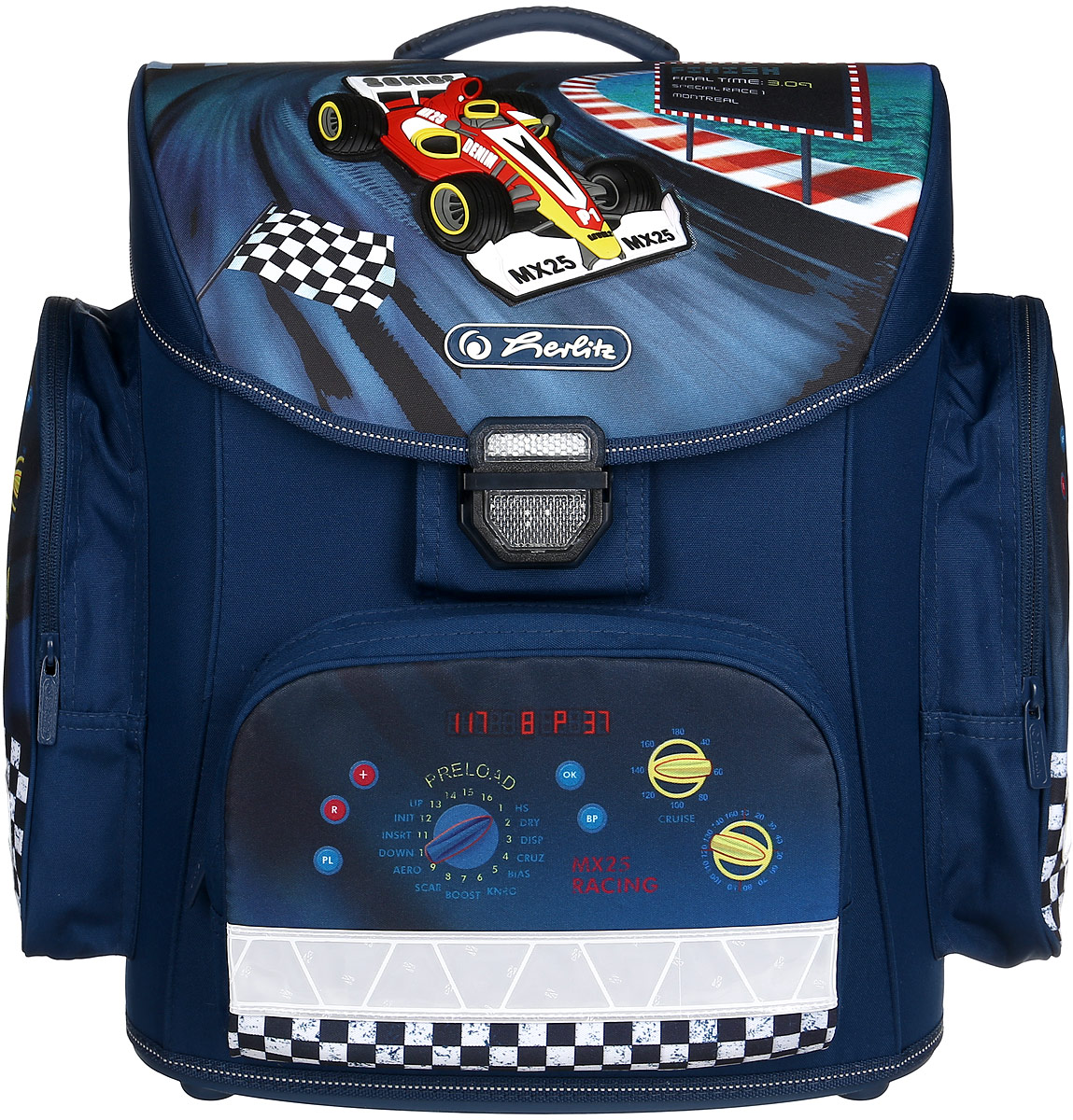 Herlitz Ранец школьный Champion11407871 Herlitz Ранец школьный Champion11407871Школьный ранец Herlitz Champion выполнен из высококачественных материалов и устойчив к влаге и загрязнениям.Ранец имеет одно основное отделение, закрывающееся клапаном на удобный защелкивающийся замок со встроенным светоотражателем, который легко открывать и закрывать. Клапан полностью откидывается, что существенно облегчает пользование ранцем. На внутренней части клапана находится прозрачный пластиковый кармашек, в который можно поместить расписание уроков. Внутри главного отделения расположена мягкая перегородка для тетрадей или учебников. На лицевой стороне ранца расположен накладной карман на застежке-молнии, в который будет удобно убрать пенал. По бокам ранца размещены два накладных кармана на молнии, в которые поместятся бутылки с водой, коробочки со школьными завтраками и прочие важные для школьника вещи.Эргономичная спинка из вентилируемого материала гарантирует оптимальное распределение нагрузки на спину ребенка и высокий комфорт при носке изделия. В нижней части спинки расположен поясничный упор - небольшой валик, на который при правильном ношении ранца будет приходиться основная нагрузка.Изделие оснащено удобной ручкой для переноски в руке и двумя широкими лямками регулируемой длины. Светоотражающие элементы премиального качества от компании 3М Scotchlite обеспечивают безопасность в темное время суток. Дно ранца из прочного пластика предохраняет содержимое от влаги.Многофункциональный школьный ранец станет незаменимым спутником вашего ребенка в походах за знаниями.
