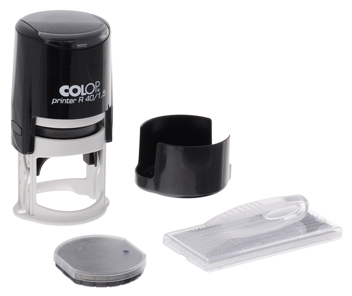 Colop Печать самонаборная Printer R 40/1,5-SetR40/1,5-Set Colop Печать самонаборная Printer R 40/1,5-SetR40/1,5-SetСамонаборная печать Colop имеет надежный пластиковый корпус с автоматическим окрашиванием текста. Используется для набора круглых печатей.Нижняя крышка позволяет блокировать корпус в сложенном компактном виде, защищает клише. В комплекте: оснастка, касса А, сменная подушка, пинцет, защитная крышка. Крепление символов на одной ножке, экспресс-набор текста.Касса букв, цифр и символов, высота шрифта - 2,2 мм, шрифта для выделения - 3,1 мм. Диаметр печати - 40 мм; 1,5 круга.