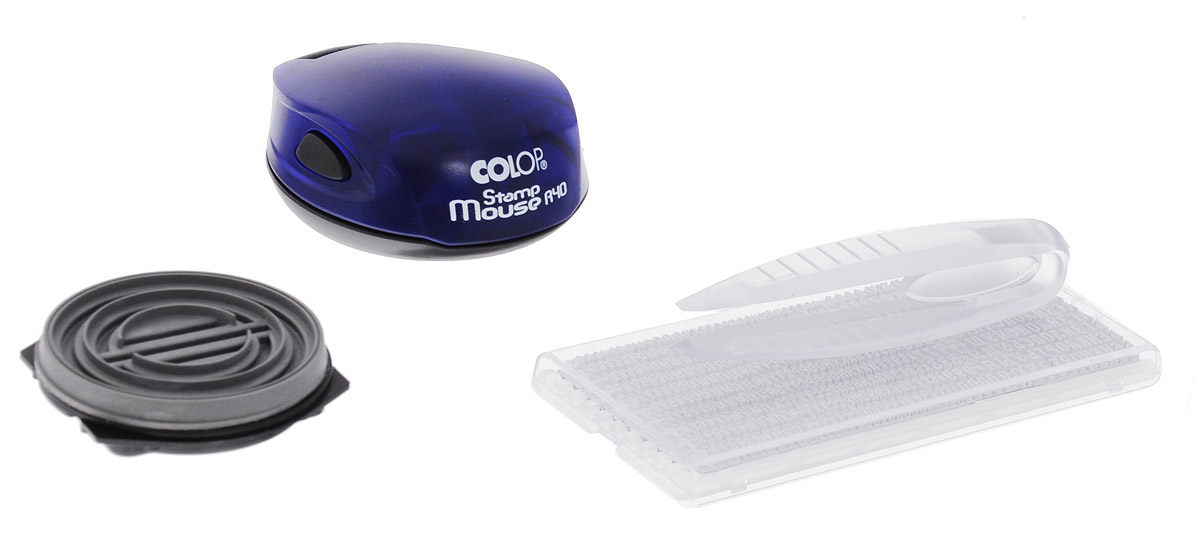 Colop Печать самонаборная карманная Stamp Mouse R 40/1,5-SetStampMouseR40/1.5 Colop Печать самонаборная карманная Stamp Mouse R 40/1,5-SetStampMouseR40/1.5Печать самонаборная карманная Colop Stamp Mouse R 40/1,5-Set - этосуперкомпактная и функциональная оснастка с рифленой пластиной для наборакруглых печатей.Печать удобна для использования как в офисе, так и впоездке. Оптимальный размер клише при минимальном размере корпуса.Встроенная подушка синего цвета несменная (заправляется краской). Верхняячасть идеальна для тампопечати рекламной информации. В комплекте: печать совстроенной подушкой, пинцет, касса А. Крепление символов на одной ножке,экспресс-набор текста.Диаметр печати - 40 мм, 1,5 круга. Касса букв А (высоташрифта - 2,2 мм, шрифта для выделения - 3,1 мм).