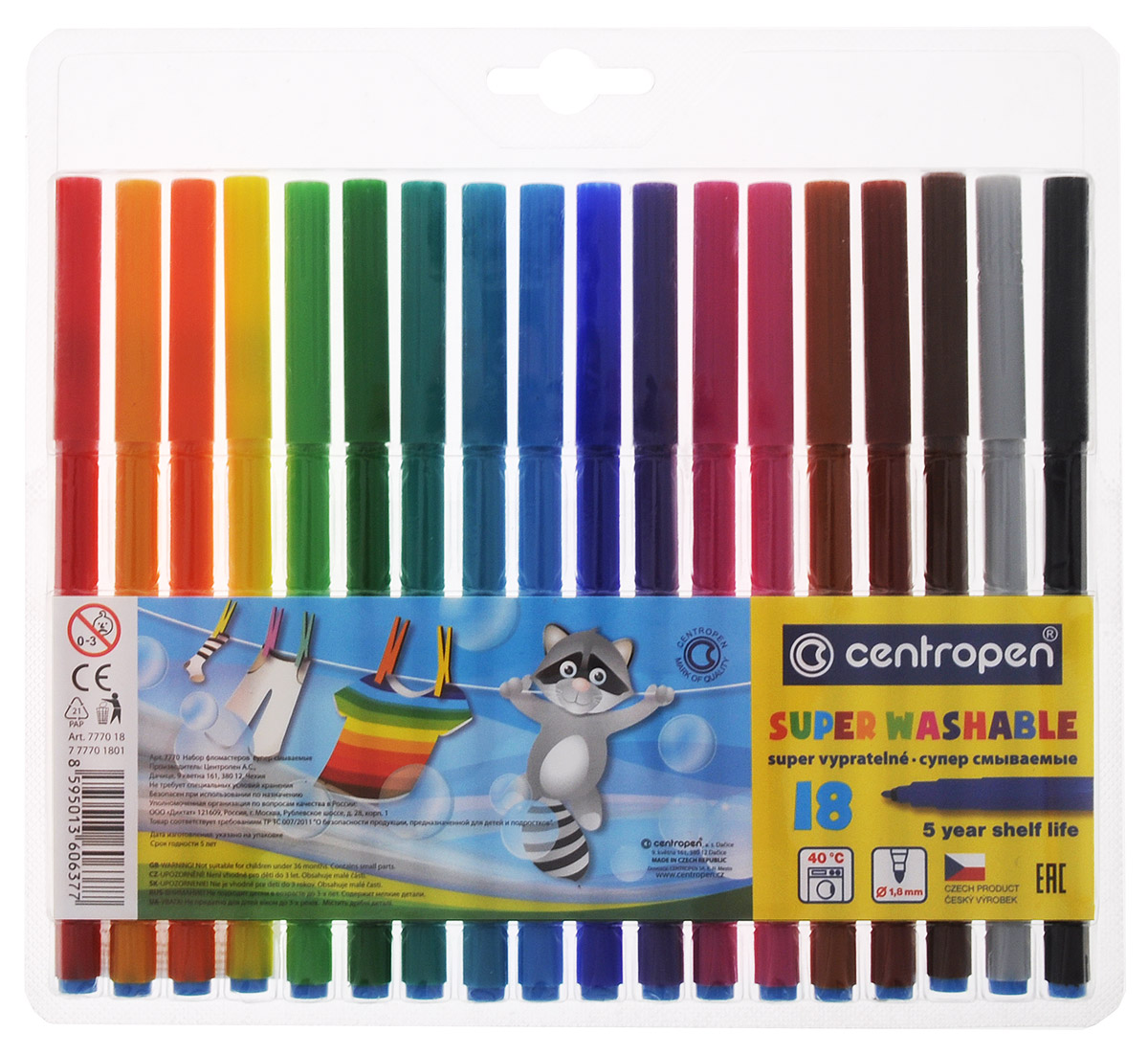 Centropen Набор фломастеров Super Washable 18 цветов7770/18 Centropen Набор фломастеров Super Washable 18 цветов7770/18Набор Centropen состоит из 18 разноцветных фломастеров, наполненных суперсмываемыми современными чернилами, которые пишут особенно долго, легко смываются с рук даже холодной водой и очень легко отстирываются при температуре +40°С. Чернила обладают великолепными яркими и выразительными цветами. Корпус фломастеров изготовлен из полипропилена, продлевающего срок службы. Также фломастеры снабжены вентилируемыми колпачками, благодаря которым они не высыхают в течение 5 лет. Такие фломастеры отлично подойдут и для школьных занятий, и просто для рисования.Диаметр наконечника: 1,8 мм.Рекомендовано детям от 3-х лет.