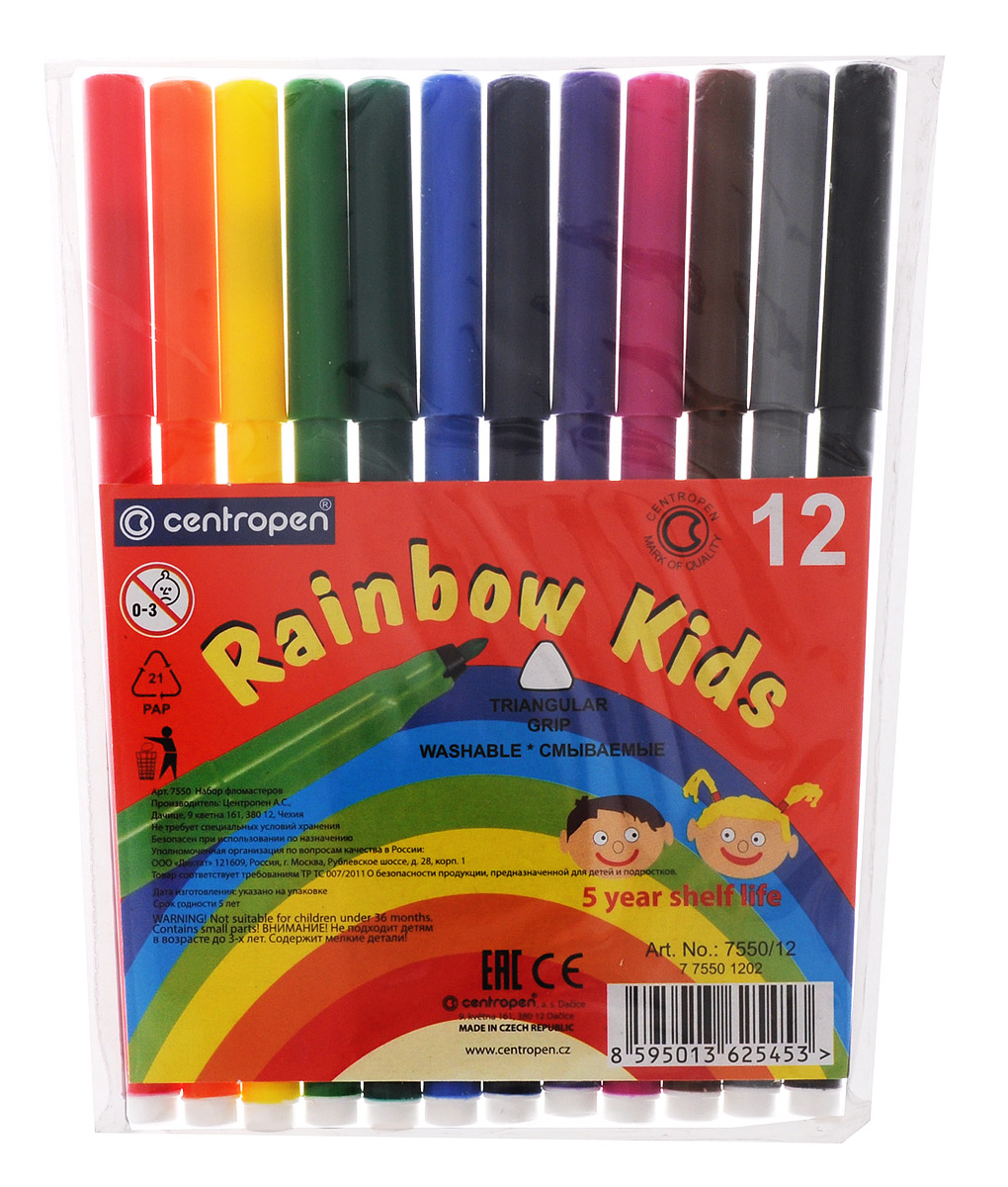 Centropen Набор фломастеров Rainbow Kids 12 цветов7550/12 Centropen Набор фломастеров Rainbow Kids 12 цветов7550/12Цветные смываемые фломастеры Rainbow Kids от Centropen всегда помогут вашему маленькому художнику во всех его творческих начинаниях. Фломастеры оснащены вентилируемым колпачком, поэтому сохраняют свои свойства, не высыхая, минимум 3 года. Эргономичная треугольная зона обхвата корпуса позволяет использовать их с большим комфортом. Цилиндрический пишущий узел достаточно устойчив к вдавливанию. Фломастеры легко смываются с рук даже холодной водой и очень легко отстирываются.Набор состоит из 12 разноцветных фломастеров.Рекомендуемый возраст: от 3-х лет.