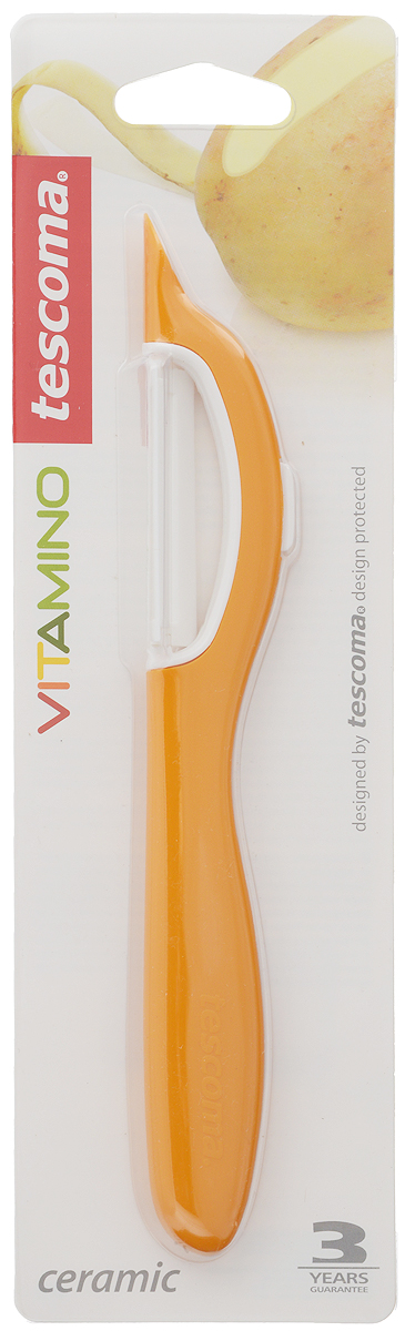 Овощечистка Tescoma Vitamino, с продольным керамическим лезвием, цвет: оранжевый, длина 19 см642710_оранжевый Овощечистка Tescoma Vitamino, с продольным керамическим лезвием, цвет: оранжевый, длина 19 см642710_оранжевыйОвощечистка с продольным лезвием Tescoma Vitamino изготовлена из прочного пластика, лезвие - из высококачественной керамики. Отлично подходит для быстрой и легкой очистки моркови и других овощей. Также можно использовать для нарезки тонкими ломтиками моркови, сельдерея, редиса.Можно мыть в посудомоечной машине.