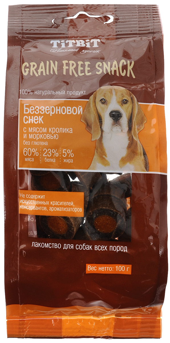 Лакомство для собак Titbit Grain Free, беззерновые снеки с мясом кролика и морковью, 100 г6047 Лакомство для собак Titbit Grain Free, беззерновые снеки с мясом кролика и морковью, 100 г6047Лакомство для собак Titbit Grain Free - это вкусные натуральные беззерновые снеки для собак всех пород. Снеки содержат 60% мяса, что обеспечивает максимальное количество белка в рационе питомца и, в свою очередь, снижает количество углеводов. Не содержат искусственных красителей, консервантов, ароматизаторов. Снеки идеально подходят в качестве поощрения при дрессировке. Товар сертифицирован.