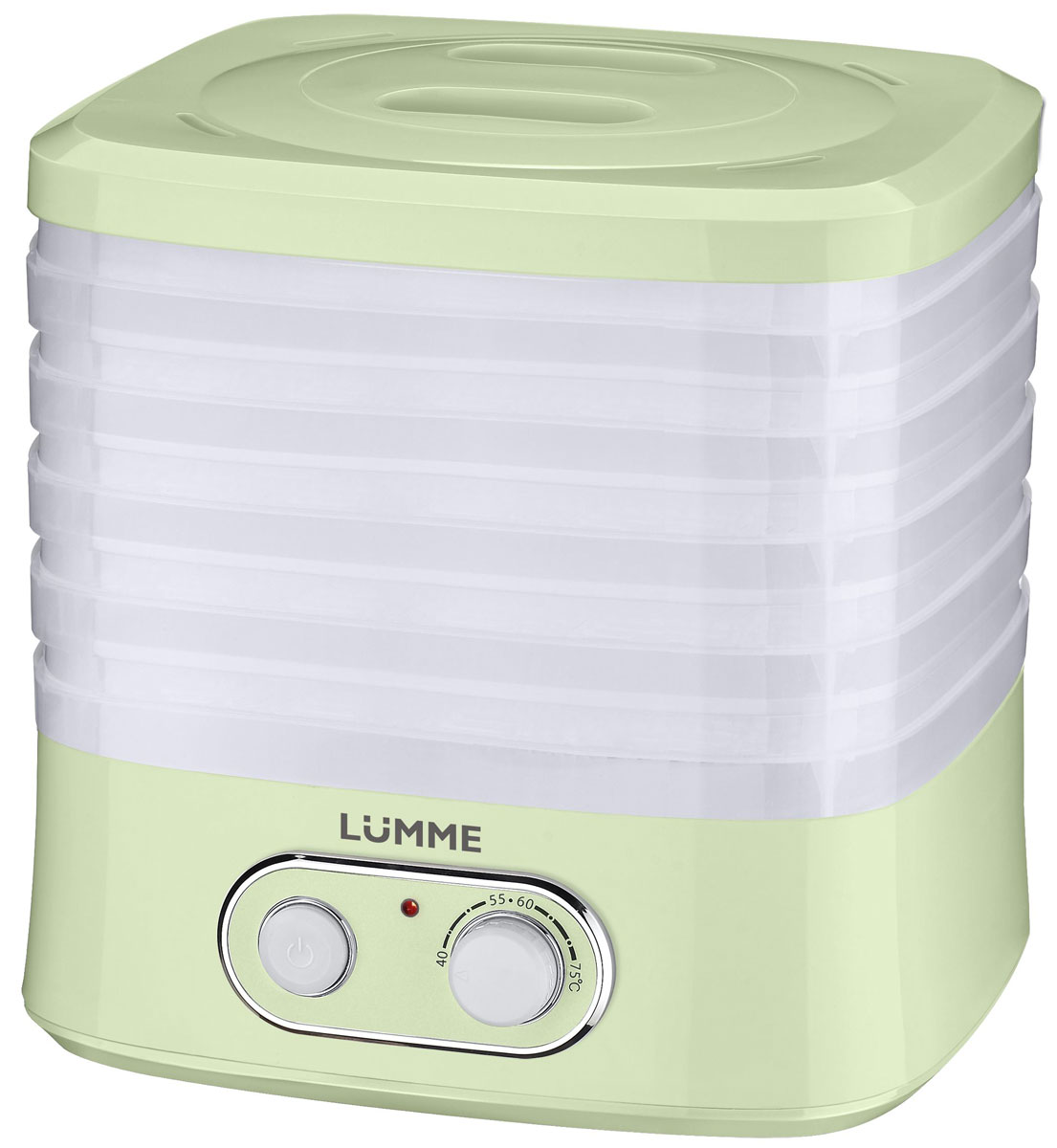 Lumme LU-1853 электросушилка для овощейLU-1853 Lumme LU-1853 электросушилка для овощейLU-18530.25-киловаттная пятиуровневая электросушилка Lumme LU-1853 для равномерной сушки трав, зелени, овощей, фруктов, грибов, мяса, птицы и рыбы с сохранением вкусовых качеств и полезных веществ продуктов.Корпус и поддоны сушилки изготовлены из пищевого термостойкого пластика, устойчивого к высоким температурам, не выделяющего вредных веществ и посторонних запахов, сохраняющего натуральный вкус и аромат продуктов.Многоярусная конструкция электросушилки позволяет разместить в небольшом объеме максимум продуктов и добиться их наилучшего распределения для быстрого и равномерного высушивания.Электросушилка позволяет подобрать оптимальный температурный режим от 40 до 75°С для любого продукта при помощи удобного механического регулятора, выбрать режим щадящей сушки при малых температурах или режим экспресс-сушки при высоких.Встроенный вентилятор равномерно нагнетает воздух в пространство сушилки, обеспечивая необходимые условия для эффективного сохранения полезных микроэлементов.Бесшумная работа электросушилки не нарушит домашнего комфорта, а световой индикатор напомнит о ее использовании.Электросушилка – необычайно полезный прибор, поскольку способен на долгое время сохранить питательную ценность многих сезонных продуктов, обеспечив здоровое питание на весь год.