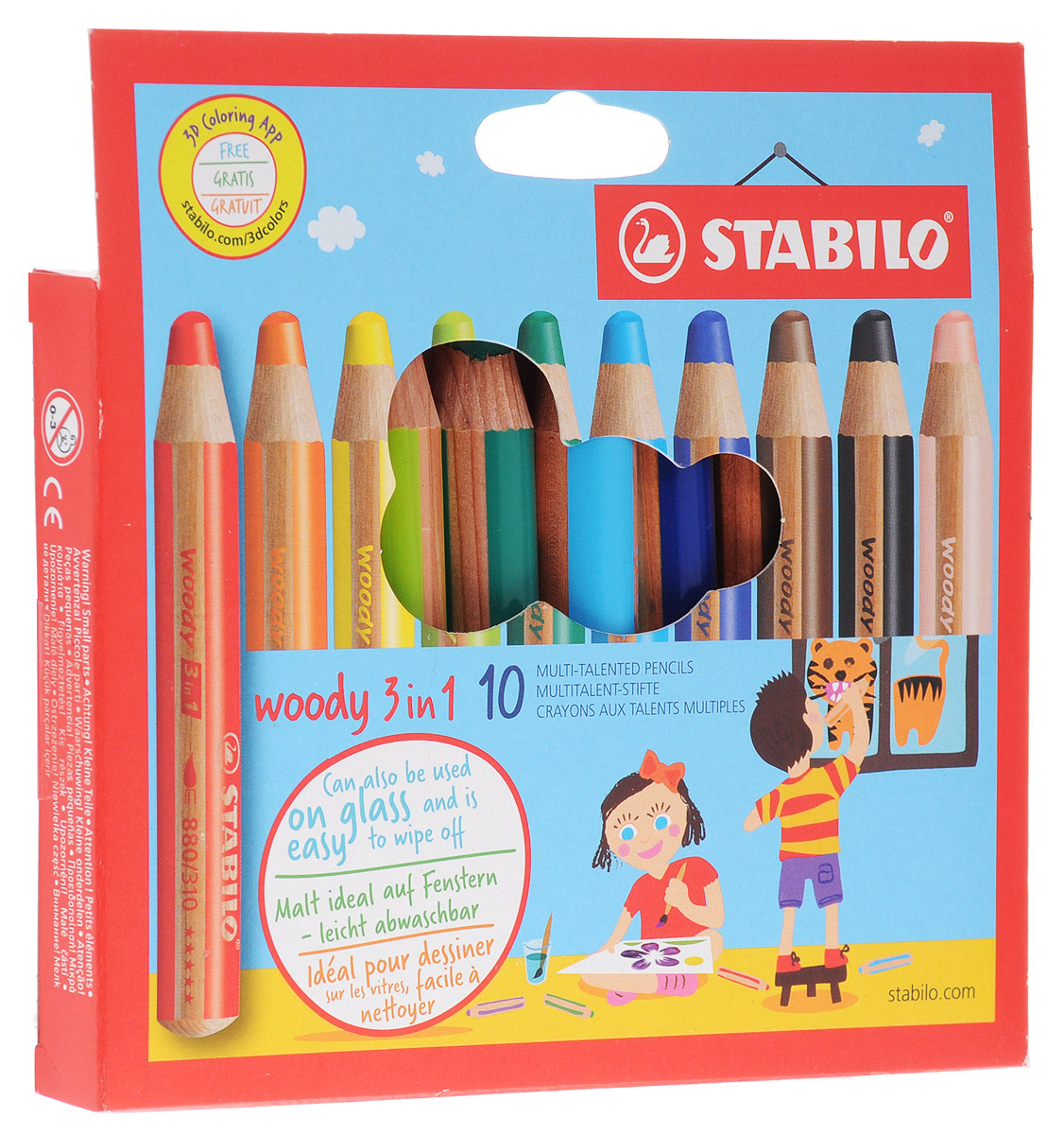 Stabilo Woody Набор цветных карандашей 3-в-1 10 цветов880/10 Stabilo Woody Набор цветных карандашей 3-в-1 10 цветов880/10Супертолстый цветной карандаш, акварель и восковой мелок в одном. Это уникальные карандаши, сочетающие в себе возможности цветных карандашей, акварельных красок и восковых мелков. Пишут практически на всех гладких поверхностях, включая стекло! Обеспечивают великолепный результат на темной бумаге благодаря исключительной яркости и интенсивности цвета. Великолепные акварельные качества. Очень прочный грифель диаметром 10 мм для мягких штрихов. Цвет корпуса карандаша соответствует цвету грифеля. Набор из 10 карандашей.