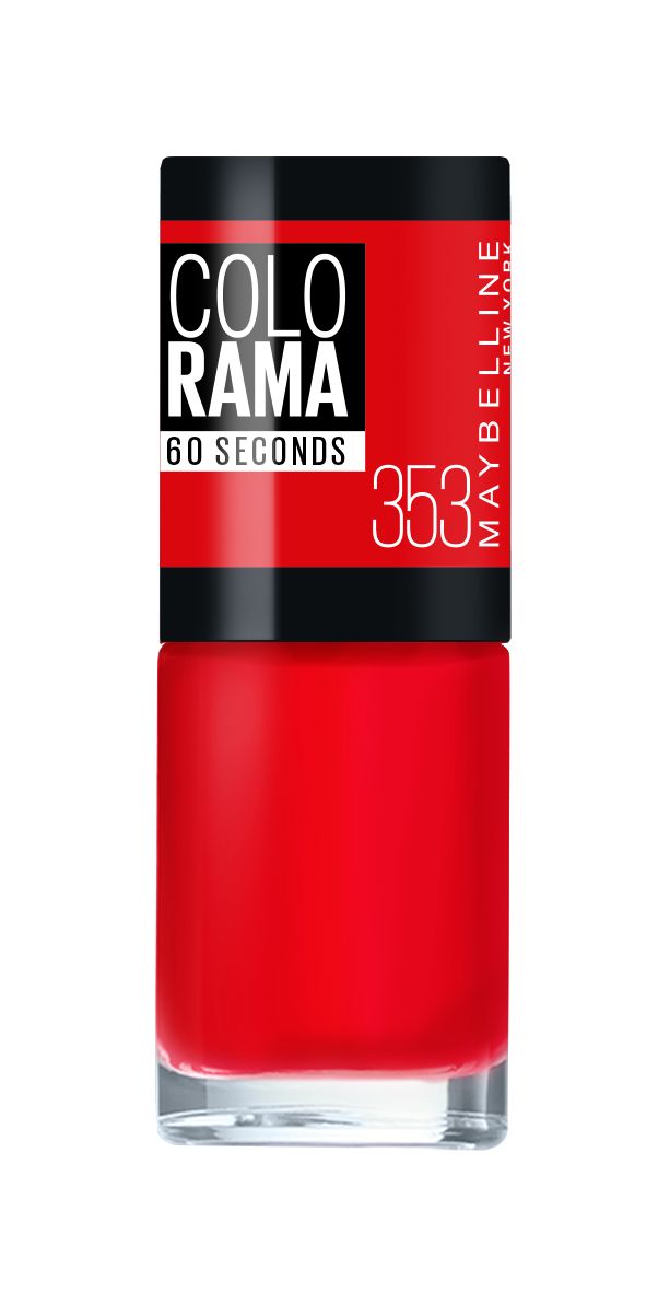 Maybelline New York Лак для ногтей Colorama, оттенок 353, Классический красный, 7 млB2805004 Maybelline New York Лак для ногтей Colorama, оттенок 353, Классический красный, 7 млB2805004Самая широкая палитра оттенков новых лаков Колорама. Яркие модные цвета с подиума. Новая формула лака Колорама обеспечивает стойкое покрытие и создает еще более дерзкий, насыщенный цвет, который не тускнеет. Усовершенствованная кисточка для более удобного и ровного нанесения, современная упаковка. Лак для ногтей Колорама не содержит формальдегида, дибутилфталата и толуола.