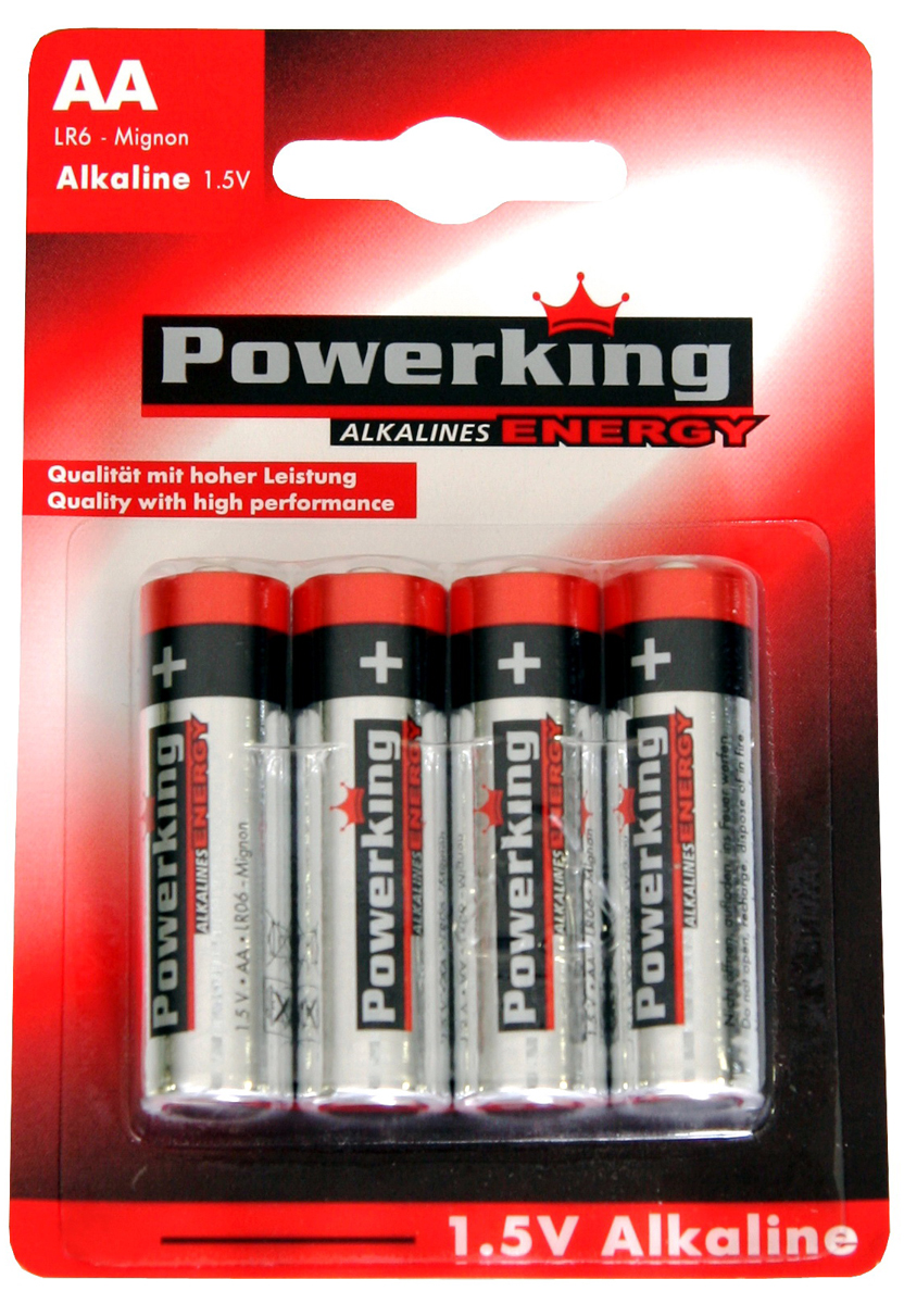 Батарейка алкалиновая PowerKing, тип АА, 1,5V, 4 шт114515 Батарейка алкалиновая PowerKing, тип АА, 1,5V, 4 шт114515Щелочные (алкалиновые) батарейки PowerKing оптимально подходят для повседневного питания множества современных бытовых приборов: электронных игрушек, фонарей, беспроводной компьютерной периферии и многого другого. Не содержат кадмия и ртути. Батарейки созданы для устройств со средним и высоким потреблением энергии. Работают в 10 раз дольше, чем обычные солевые элементы питания. PowerKing - высокое качество и максимальная производительность!