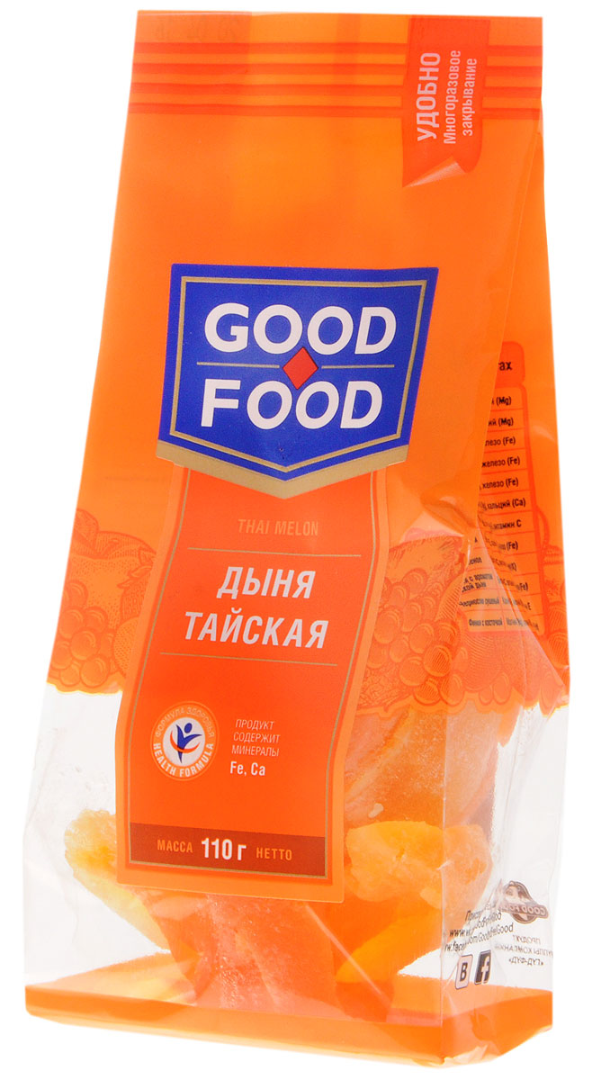 Good Food дыня тайская, 110 г4620000671343 Good Food дыня тайская, 110 г4620000671343В сушеном виде тайская дыня – это диетический продукт. В ней сохраняются практически все полезные вещества. Так же, как и свежая, сушеная дыня тонизирует и очищает организм. Польза сушеной дыни кроется еще и в содержании фермента, благодаря которому организм борется с бессонницей, бессилием и раздражительностью. Бета каротин в составе микроэлементов обеспечивает питание кожи и дает волосам насыщенный блеск, а так же, укрепляет ногти и сохраняет загар на коже в летнюю пору. Дыня улучшает настроение.