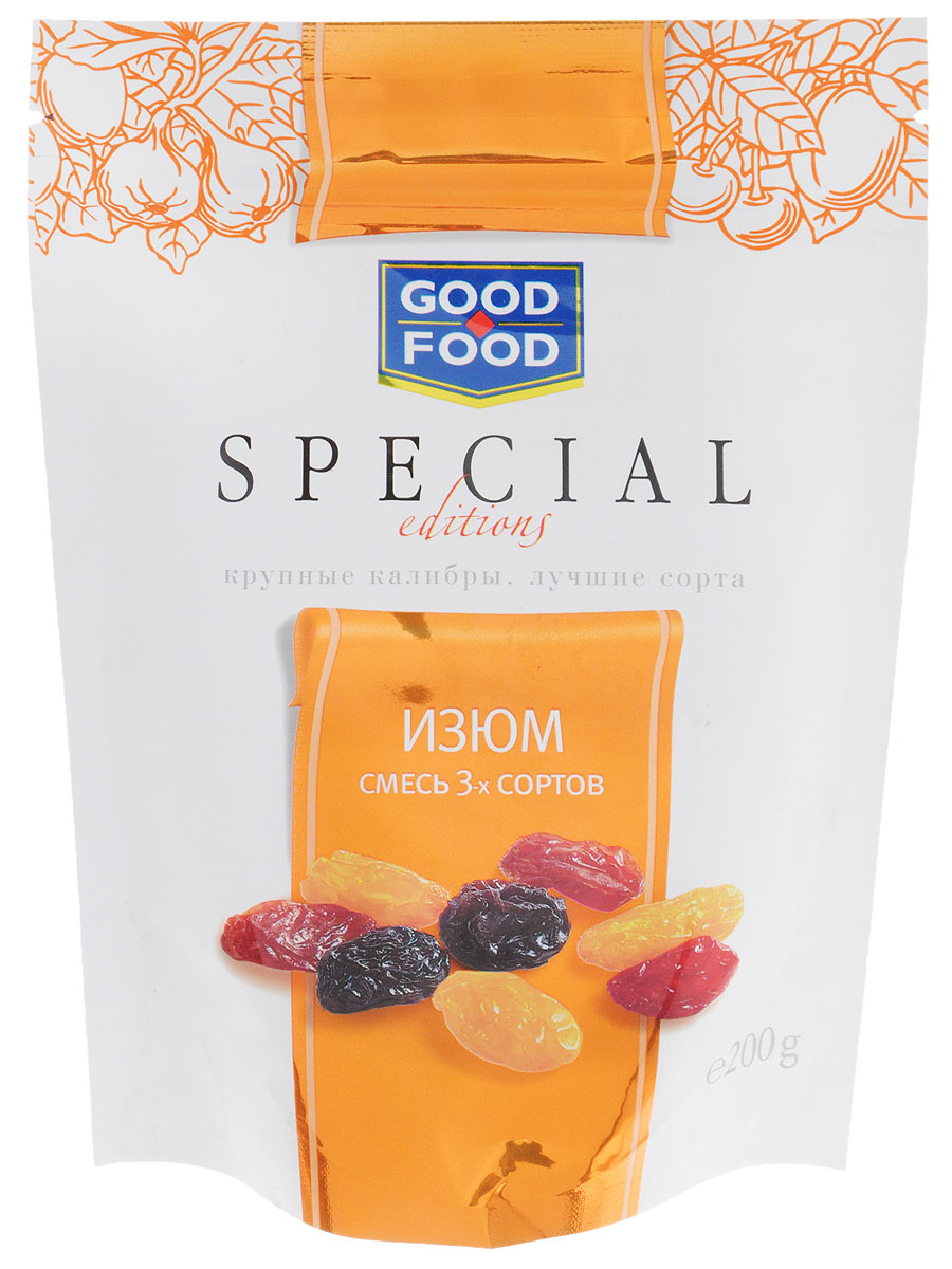 Good Food Special изюм смесь трех сортов, 200 г4620000673934 Good Food Special изюм смесь трех сортов, 200 г4620000673934Good Food Special Изюм смесь трех сортов - это вкусный и питательный продукт, обладающий полезными свойствами, заложенными самой природой.