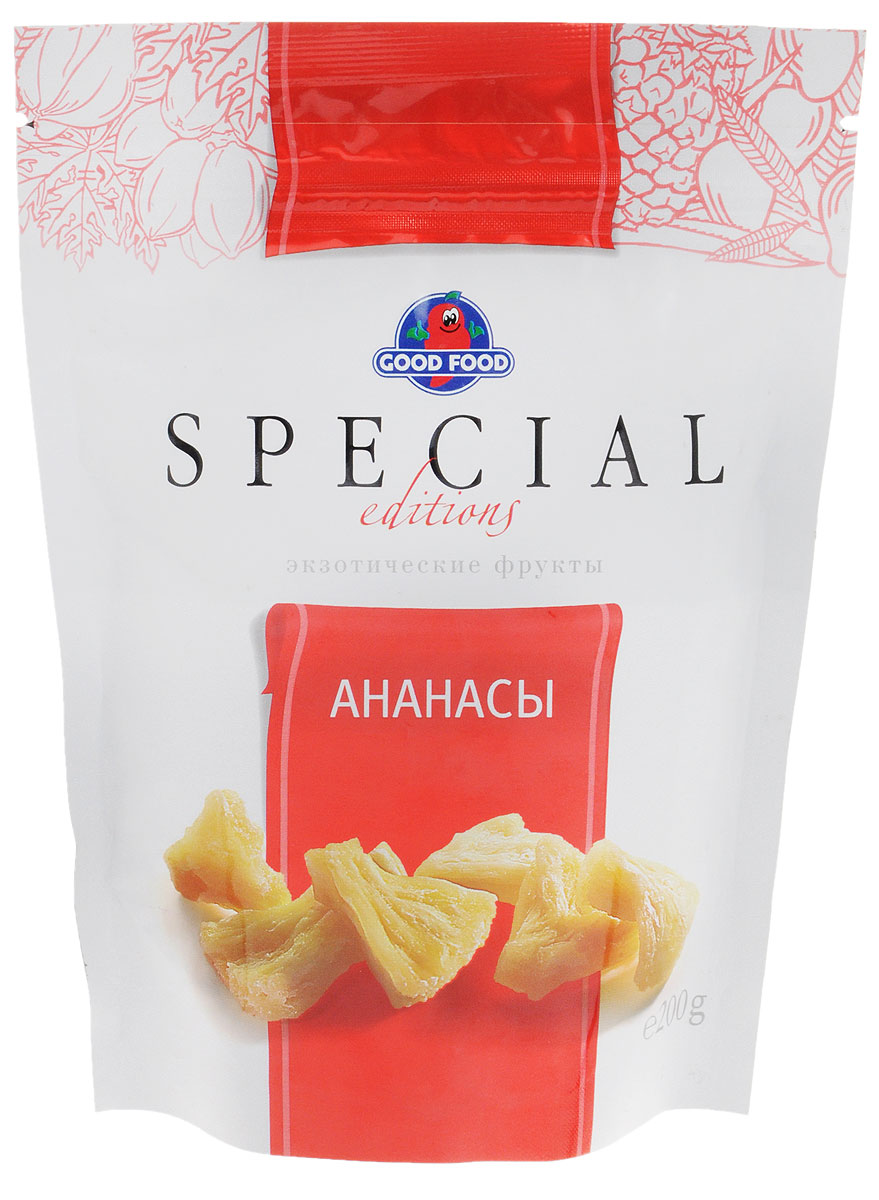 Good Food Special ананасы сушеные, 200 г4620000673248 Good Food Special ананасы сушеные, 200 г4620000673248Попробуйте ананасы Good Food Special и вы получите не только удовольствие от вкуса, но и внесете разнообразие в свой ежедневный рацион, а самое главное, поддержите силы своего организма. Количество добавленного сахара в них почти в 4 раза меньше, чем в обычных цукатах. Благодаря этой технологии во фруктах сохранена нежность текстуры, природная сладость без вреда для фигуры и здоровья.