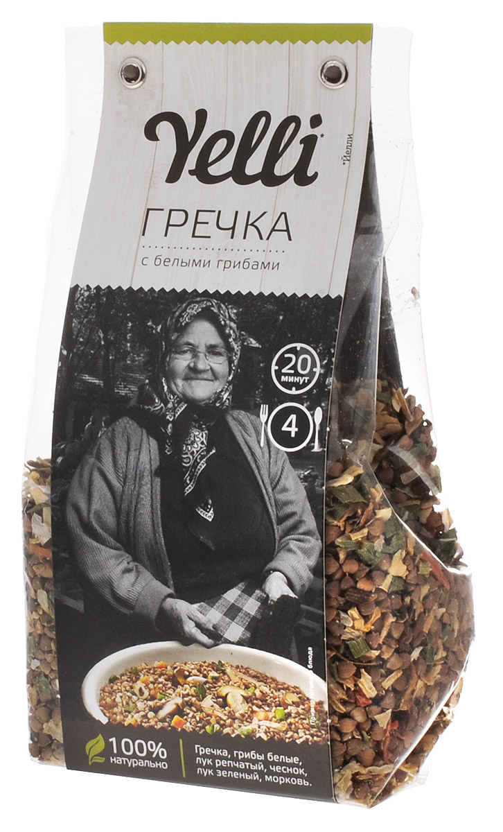 Yelli гречка с белыми грибами, 250 гЕЛ 111/7 Yelli гречка с белыми грибами, 250 гЕЛ 111/7Гречка с белыми грибами Yelli - это настоящий рецепт русского национального блюда. На Руси гречу заправляли луком, белыми грибами, маслом и рублеными вареными яйцами. Испробовав все возможные варианты, повар признался, что проверенный временем рецепт ему не превзойти. Греча с белыми грибами – это самостоятельное блюдо, не требующее добавления мяса и овощей.
