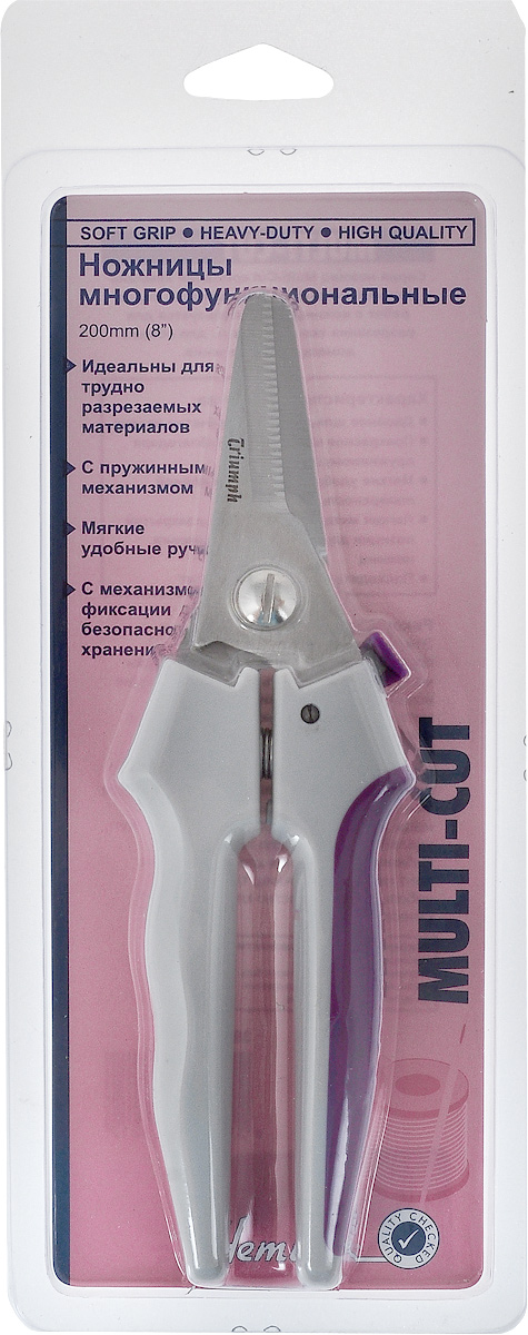 Ножницы многофункциональные Hemline Multi-Cut, длина 20 см391 Ножницы многофункциональные Hemline Multi-Cut, длина 20 см391Ножницы многофункциональные Hemline Multi-Cut специально разработаны для всех видов работ. Используются для разрезания тканей, бумаги, для общего домашнего назначения. Благодаря качественным лезвиям с двойным шлифованием и зубчатым краем ножницы идеальны для трудно разрезаемых материалов. Лезвия и пружина выполнены из нержавеющей стали высокого качества. Мягкие удобные ручки с рифленой поверхностью и противоскользящим покрытием удобно лежат в руке и обеспечивают комфорт при работе. Соединительный болт позволяет регулировать напряжение. Легкий механизм фиксации в закрытой позиции идеален для безопасного хранения. Такие ножницы не только отлично подойдут для рукоделия, но и пригодятся для различных бытовых нужд. Длина ножниц: 20 см. Длина лезвий: 4 см.