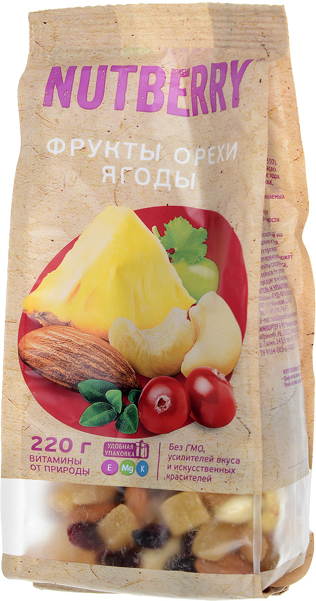 Nutberry смесь орехов, фруктов и ягод, 220 г4620000676171 Nutberry смесь орехов, фруктов и ягод, 220 г4620000676171Сочная клюква, сладкий миндаль, питательный кешью, экзотический ананас, бодрящий золотистый изюм входящие в состав этой смеси – все это идеальное сочетание вкуса и пользы! Смесь, будто созданная самой природой, не оставит равнодушным даже самого взыскательного потребителя.