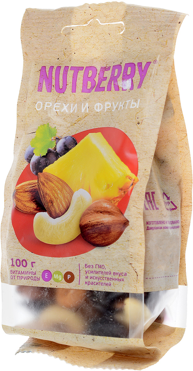 Nutberry смесь орехов и фруктов, 100 г4620000676140 Nutberry смесь орехов и фруктов, 100 г4620000676140Смесь Орехи и фрукты это идеально сбалансированное сочетание только натуральных компонентов. Благородный вкус темного винограда сорта Томпсон Джамбо идеально дополняет вкусовую композицию миндаля, кешью и фундука, а кусочки натурального, сушеного ананаса придают данной смеси неповторимость.
