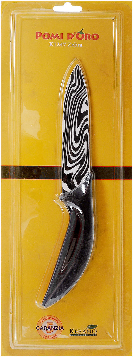 Нож универсальный Pomi d’Oro Zebra, керамический, длина лезвия 12 см77.858@21273 / K1247 Zebra Нож универсальный Pomi d’Oro Zebra, керамический, длина лезвия 12 см77.858@21273 / K1247 ZebraНож Pomi dOro Zebra изготовлен из бело-чернойкерамики Kerano. Kerano - это уникальный керамический нано-материал, который не содержит вредные примеси, в том числе перфоктановую кислоту (PTFE) и примеси, используемые для легированной стали. Материал изделия не вступает в реакцию с пищей во время готовки. Изделие имеет эргономичную обрезиненную ручку, которая не скользит в руках и делает резку удобной и безопасной. Можно мыть в посудомоечной машине. Длина ножа: 22,5 см.