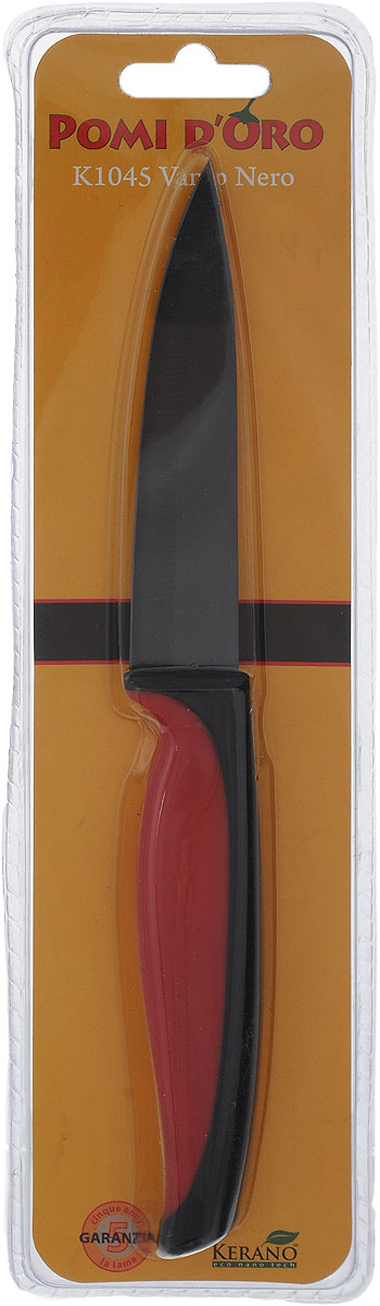 Нож универсальный Pomi d’Oro Vamp, керамический, длина лезвия 10 см77.858@22003 / K1045 Vamp Nero Нож универсальный Pomi d’Oro Vamp, керамический, длина лезвия 10 см77.858@22003 / K1045 Vamp NeroНож Pomi dOro Vamp изготовлен из черной керамики Kerano. Kerano - это уникальный керамический нано-материал, который не содержит вредные примеси, в том числе перфоктановую кислоту (PTFE) и примеси, используемые для легированной стали. Материал изделия не вступает в реакцию с пищей во время готовки. Изделие имеет эргономичную обрезиненную ручку, которая не скользит в руках и делает резку удобной и безопасной. Можно мыть в посудомоечной машине. Длина ножа: 21 см.
