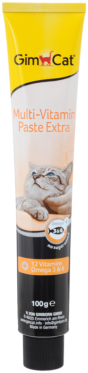 Паста для кошек GimCat Multi-Vitamin Extra, 100 г4002064401324 Паста для кошек GimCat Multi-Vitamin Extra, 100 г4002064401324Паста GimCat Multi-Vitamin Extra содержит 12 жизненно необходимых витаминов для укрепления защитных сил организма кошки. Естественное содержание жирных кислот омега-3 и омега-6, получаемых из масел и цинковых добавок, поддерживаетздоровье кожи и шерсти. Тщательно подобранный состав ингредиентов способствует развитию, прекрасному внешнему виду и хорошему самочувствию кошки. Такая паста особенно рекомендуется породистым и выставочным кошкам.Товар сертифицирован.