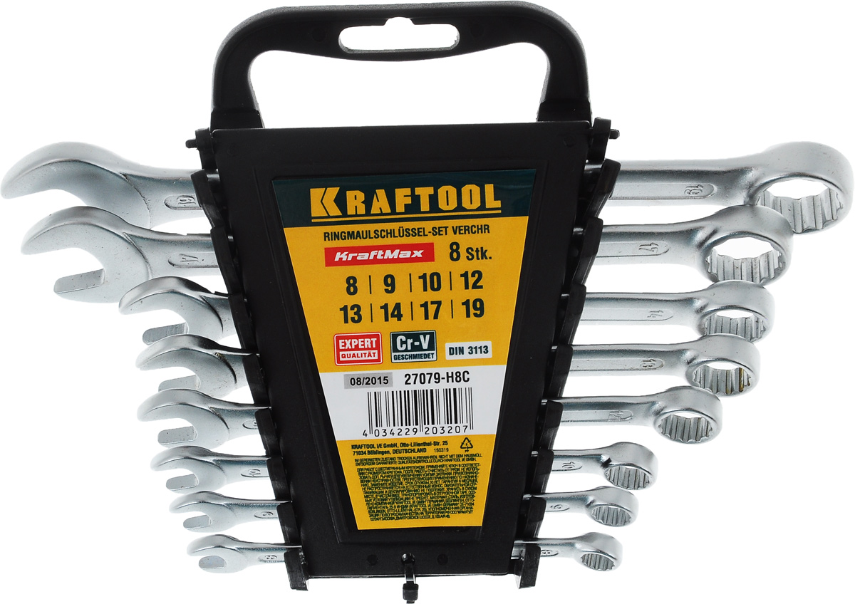 Набор комбинированных гаечных ключей Kraftool Expert, 8-19 мм, 8 шт27079-H8C Набор комбинированных гаечных ключей Kraftool Expert, 8-19 мм, 8 шт27079-H8CНабор Kraftool Expert включает 8 комбинированных гаечных ключей, выполненных из качественной стали. Благодаря правильному подбору материала и параметров технологического процесса ключи выдерживают высокие нагрузки, устойчивы к истиранию рабочих граней. Применяются для работ с шестигранным крепежом. Комбинированный гаечный ключ - незаменимый инструмент при сборке и разборке любых металлических конструкций. Он сочетает в себе рожковый и накидной гаечные ключи. Первый нужен для работы в труднодоступных местах, второй более эффективен при отворачивании тугого крепежа. Для хранения набора предусмотрена пластиковая подставка.