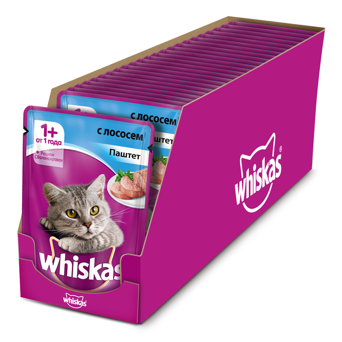 Консервы Whiskas для кошек от 1 года, паштет с лососем, 85 г х 24 шт41401 Консервы Whiskas для кошек от 1 года, паштет с лососем, 85 г х 24 шт41401Консервы для взрослых кошек Whiskas - полнорационный сбалансированный корм, который идеально подойдет вашему любимцу. Нежный паштет приготовлен с учетом потребностей кошек. Специально сбалансированный рацион содержит все необходимые питательные вещества, витамины и минералы. Консервы не содержат сои, консервантов, ароматизаторов, искусственных красителей и усилителей вкуса. В рацион домашнего любимца нужно обязательно включать консервированный корм, ведь его главные достоинства - высокая калорийность и питательная ценность. Консервы лучше усваиваются, чем сухие корма. Также важно, чтобы животные, имеющие в рационе консервированный корм, получали больше влаги.Состав: мясо и субпродукты (в том числе лосось минимум 4%), таурин, витамины, минеральные вещества.Пищевая ценность (100 г): белки - 8 г, жиры - 4 г, зола - 1,8 г, клетчатка - 0,3 г, витамин А не менее 150 МЕ, витамин Е не менее 1 мг, влага - 85 г.Энергетическая ценность (100 г): 70 ккал/293 кДж.В упаковке 24 пауча по 85 г. Товар сертифицирован.