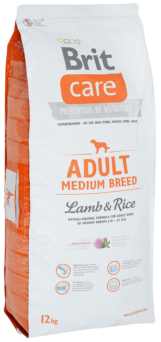 Корм сухой Brit Care Adult Medium Breed для взрослых собак средних пород, с ягненком и рисом, 12 кг60828 Корм сухой Brit Care Adult Medium Breed для взрослых собак средних пород, с ягненком и рисом, 12 кг60828Сухой корм Brit Care Adult Medium Breed - это полноценный рацион для взрослых собак средних пород. Экстракт юкки защищает кишечник и печень от токсичности аммиака и предотвращает разложение гемоглобина. Оптимальное соотношение Омега-3 и Омега-6 жирных кислот с органическим цинком и медью обеспечивает здоровое состояние кожи и улучшает качество шерсти.Товар сертифицирован.