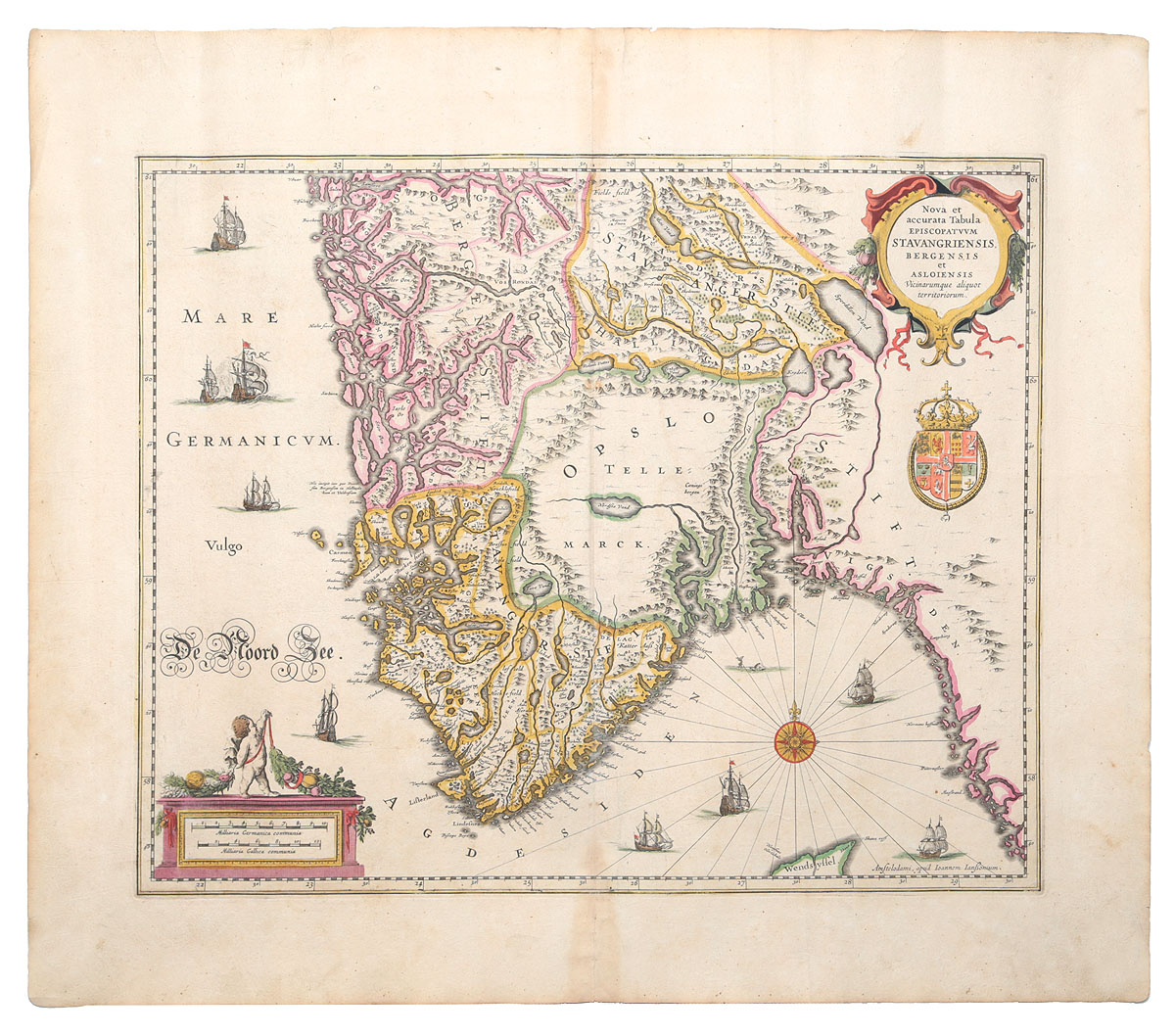 Карта южной части Норвегии. Гравюра, ручная раскраска. Западная Европа, XVII век