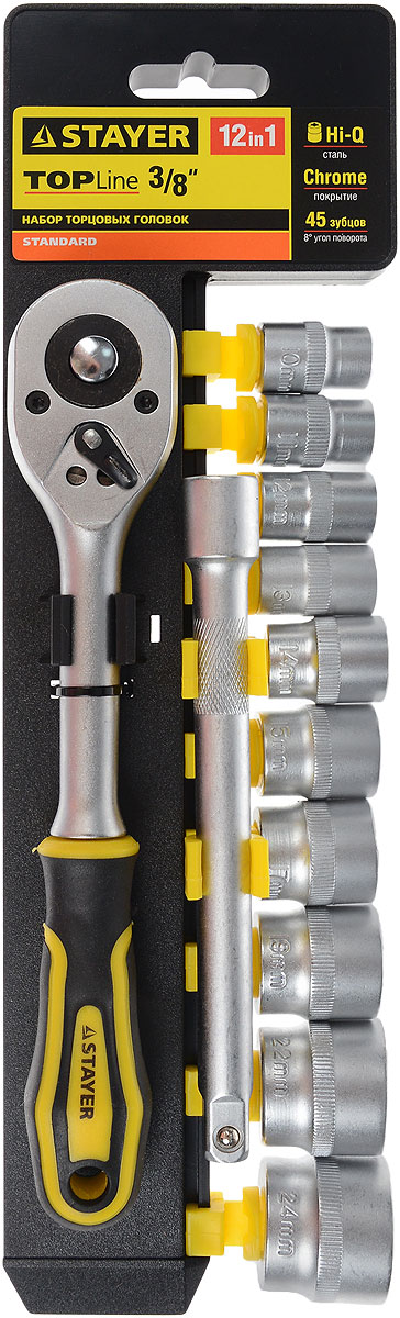 Набор инструментов Stayer Standard, 12 предметов. 27752-H1227752-H12 Набор инструментов Stayer Standard, 12 предметов. 27752-H1227752-H12Набор слесарно-монтажного инструмента Stayer Standard предназначен для работы с резьбовыми соединениями. Торцевые головки имеют шестигранный зев и посадочное место для присоединительного квадрата 3/8. Трещотка с храповым механизмом устраняет необходимость каждый раз устанавливать ключ на крепежный элемент. Изделия выполнены из высококачественной стали. Трещотка оснащена удобной обрезиненной рукояткой.Состав набора:Торцевые головки: 10 мм, 11 мм, 12 мм, 13 мм, 14 мм, 15 мм, 17 мм, 19 мм, 22 мм, 24 мм.Трещотка с быстрым сбросом: 45 зубцов, длина 20 см.Удлинитель: 15 см.