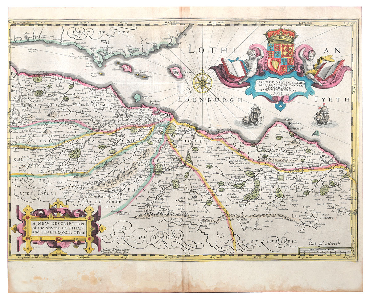 Карта Северной Англии с Эдинбургом. Гравюра, ручная раскраска. Западная Европа, первая половина XVII века