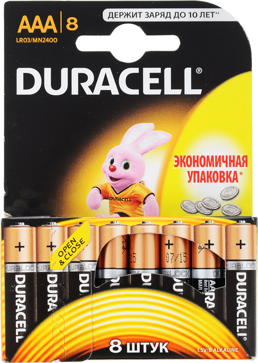 Набор алкалиновых батареек Duracell Basic, тип AAA, 8 штDRC-81480364 Набор алкалиновых батареек Duracell Basic, тип AAA, 8 штDRC-81480364Набор батареек Duracell Basic предназначен для использования в различных электронных устройствах небольшого размера, например в пультах дистанционного управления, портативных MP3-плеерах, фотоаппаратах, различных беспроводных устройствах. Батарейки оснащены индикатором заряда.Тип элемента питания: AAA (LR03).Тип электролита: щелочной.Выходное напряжение: 1,5 В.Комплектация: 8 шт. .