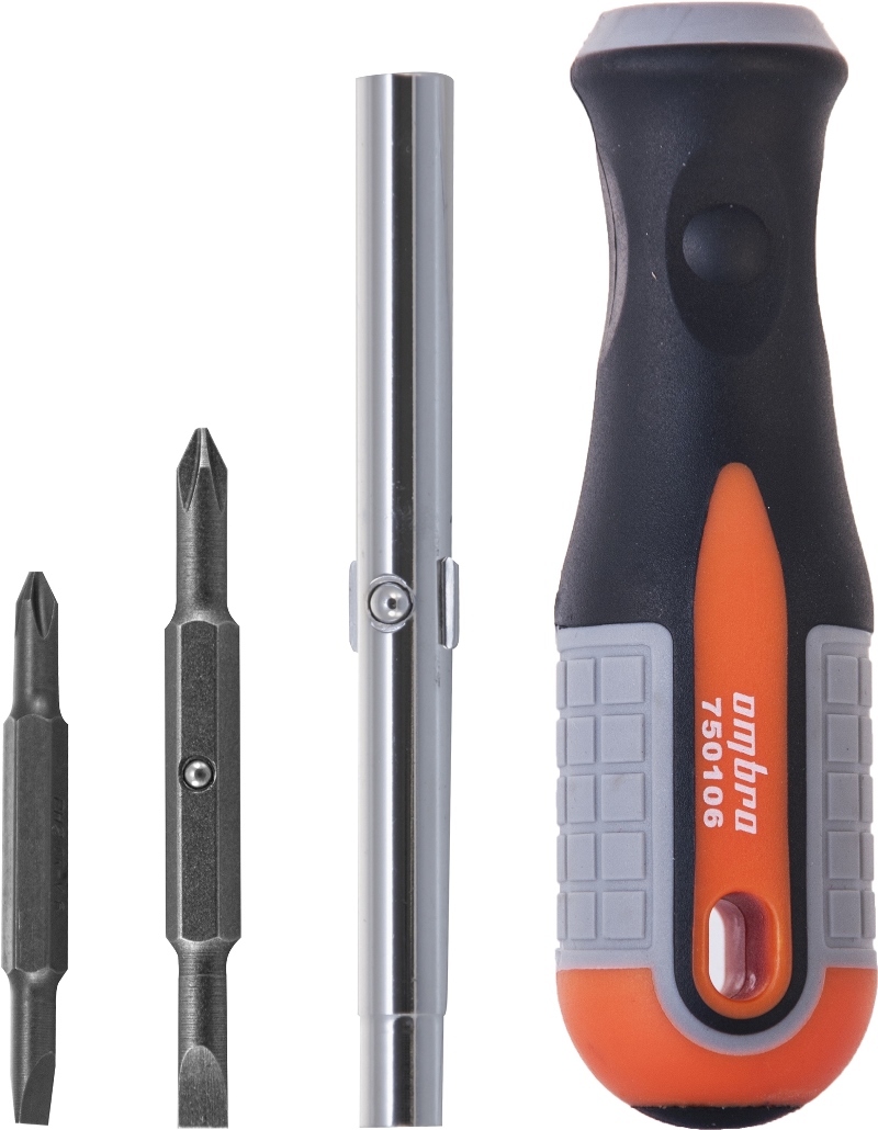 Отвертка Ombra Round Grip, 4 предмета750106 Отвертка Ombra Round Grip, 4 предмета750106Отвертка выполнена из высококачественных материалов. Комфортная рукоятка с мягкими зонами, превращает работу в удовольствие. Применяется для производства слесарно-монтажных работ с внутренними профилями: шлиц прямой SL5, SL6; крест PH1, PH2.Также инструмент можно использовать в качестве держателя для бит различного профиля 1/4DR и 5/16DR или инструмента для затяжки винтовых хомутов. Характеристики: Длина рукоятки: 12см.Длина бит: 6,5см, 7,5см.