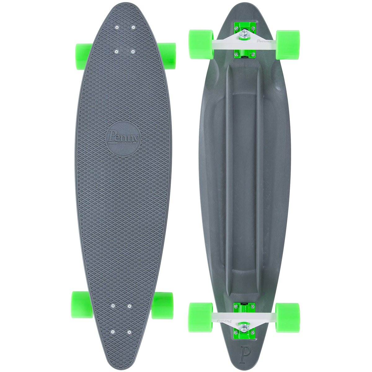 Лонгборд Penny Longboard 36, цвет: серый, зеленый, дека 91,4 х 24,5 смPNYCOMP36104 Лонгборд Penny Longboard 36, цвет: серый, зеленый, дека 91,4 х 24,5 смPNYCOMP36104Лонгборд Penny Longboard 36, оснащенный длинной пластиковой декой, предназначен для детей возраста от 7 лет. Дека обладает естественной упругостью и уникальным прогибом, а рельефная поверхность под соты обеспечивает устойчивое положение. Изделие имеет 4 прочных колеса средней жесткости.Лонгборд - это отдельная ветка развития скейтборда, акцентом которой является скорость, устойчивость, улучшенные ходовые качества доски, в отличие от классического скейтборда, задачей которого является агрессивное, трюковое катание, прыжки с различными комбинациями вращений доски или райдера. Из особенностей лонгборда можно отметить удлиненную колесную базу и деку, более мягкие и увеличенные колеса. Подобная конструкция лонгборда позволяет райдеру развивать большие скорости, чувствовать себя на доске более стабильно, при этом двигаться мягко, практически не замечая мелкие дефекты асфальта.