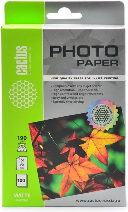 Cactus CS-MA6190100 10x15/190г/м2 матовая фотобумага для струйной печати (100 листов)
