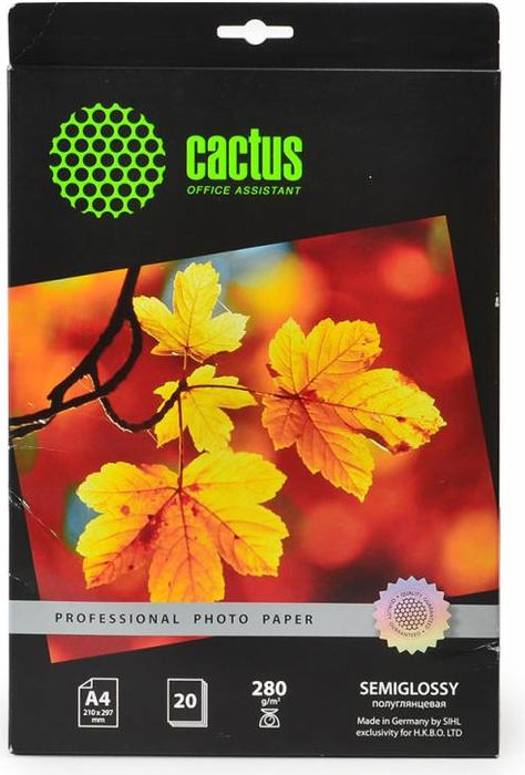 Cactus Prof CS-SGA428020 A4/280г/м2 полуглянцевая фотобумага для струйной печати (20 листов)CS-SGA428020 Cactus Prof CS-SGA428020 A4/280г/м2 полуглянцевая фотобумага для струйной печати (20 листов)CS-SGA428020Полуглянцевая фотобумага Cactus Prof CS-SGA428020 для струйной печати.Превратите ваши фотографии в произведения искусства и сохраните их в первозданном виде на многие годы. Фотобумага серии Cactus Professional незаменима для печати цифровых фотографий с максимальным разрешением. Высококлассное покрытие и современная полимерная основа фотобумаги Cactus Professional гарантируют максимально точную цветопередачу.Совместима со струйными принтерами Hewlett Packard, Canon, Epson и другими марками. Рекомендуется для профессионального использования в фотостудиях, дизайнерских и художественных бюро.