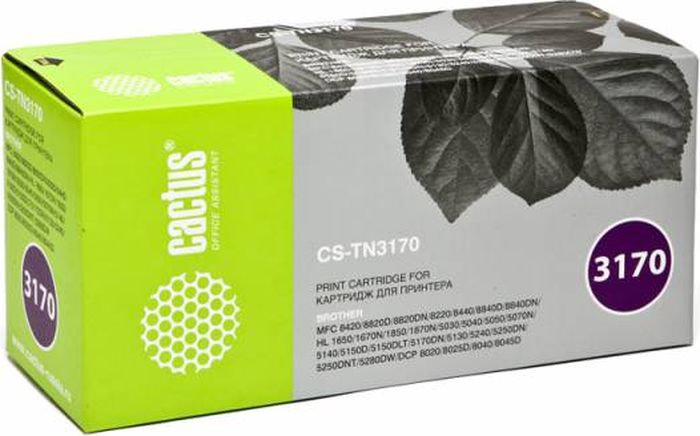 Cactus CS-TN3170, Black тонер-картридж для Brother HL-5240/5250DN/5250DNT/5280DWCS-TN3170 Cactus CS-TN3170, Black тонер-картридж для Brother HL-5240/5250DN/5250DNT/5280DWCS-TN3170Тонер-картридж Cactus CS-TN3170 для лазерных принтеров Brother HL-5240/5250DN/5250DNT/5280DW.Расходные материалы Cactus для лазерной печати максимизируют характеристики принтера. Обеспечивают повышенную чёткость чёрного текста и плавность переходов оттенков серого цвета и полутонов, позволяют отображать мельчайшие детали изображения. Гарантируют надежное качество печати.