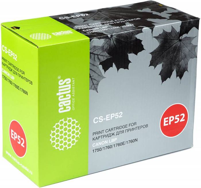 Cactus CS-EP52, Black тонер-картридж для Canon LBP 1750/1760/1760E/1760NCS-EP52 Cactus CS-EP52, Black тонер-картридж для Canon LBP 1750/1760/1760E/1760NCS-EP52Тонер-картридж Cactus CS-EP52 для лазерных принтеров Canon LBP 1750/1760/1760E/1760N.Расходные материалы Cactus для лазерной печати максимизируют характеристики принтера. Обеспечивают повышенную чёткость чёрного текста и плавность переходов оттенков серого цвета и полутонов, позволяют отображать мельчайшие детали изображения. Гарантируют надежное качество печати.