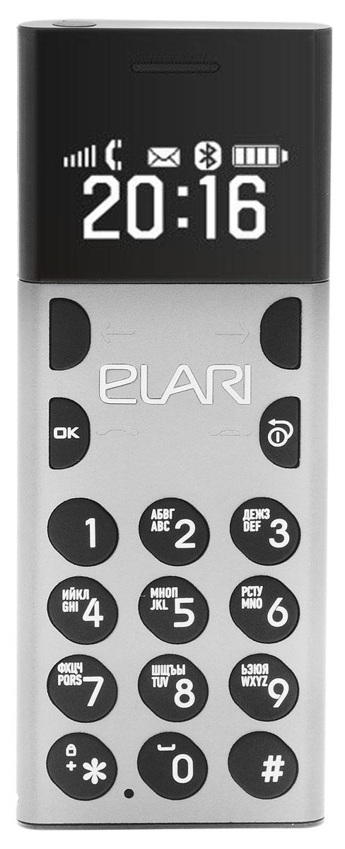 Elari NanoPhone, Space GrayNP1 grey Elari NanoPhone, Space GrayNP1 greyElari NanoPhone - суперкомпактный дизайнерский телефон с Bluetooth-синхронизацией и МР3-плеером.Дизайнерский антисмартфон от Elari – идеальный второй или основной телефон, который позволит насладиться моментами вдали от Сети. Во время путешествий установите местную SIM-карту с Интернетом в ваш смартфон, а домашнюю – в NanoPhone – и вы экипированы! Самый маленький в мире GSM-телефон весом всего 32 г!Голосовые звонки и SMS через собственную microSIM (GSM 850/900/1800/1900)Bluetooth-синхронизация с вашим смартфоном (контакты, входящие/исходящие звонки)Прослушивание музыки через MP3-плеер с SD-карты (до 32 ГБ) через встроенный динамик, наушники или Bluetooth-колонкуВысококачественный алюминиевый корпус, силиконовая клавиатура, яркий OLED-дисплейВибро и авиарежимыТелефон сертифицирован EAC и имеет русифицированную клавиатуру, меню и Руководство пользователя.
