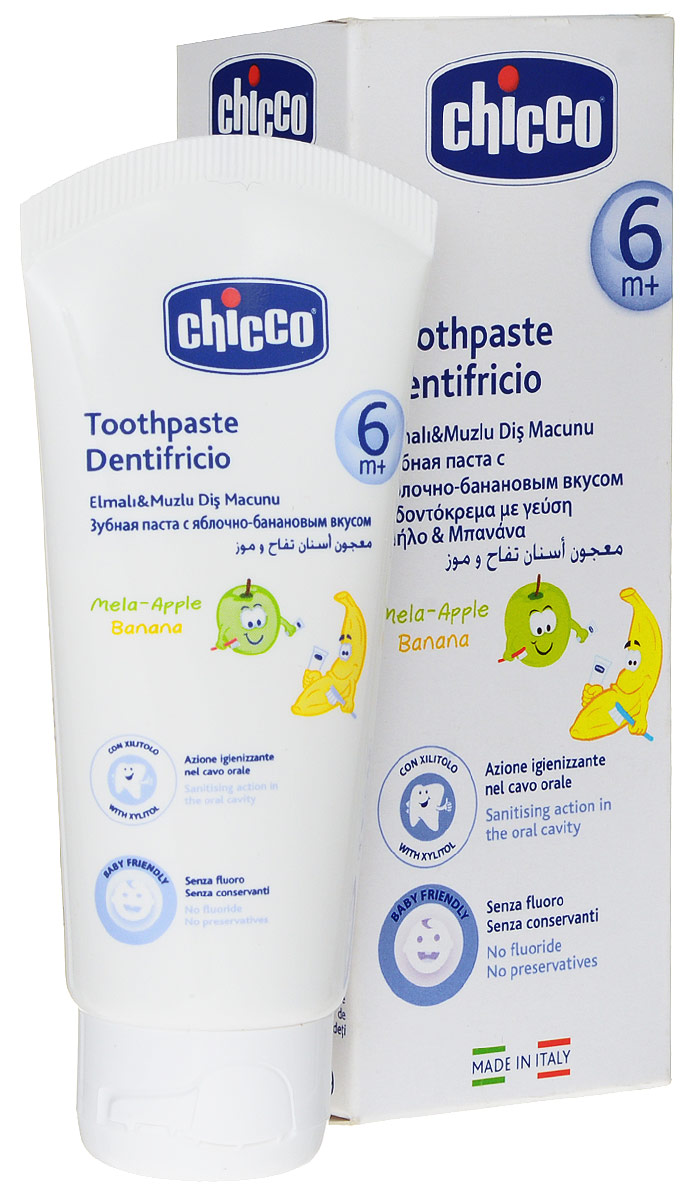 Chicco Зубная паста детская со вкусом яблока и банана с ксилитолом от 6 месяцев 50 мл2320100000 Chicco Зубная паста детская со вкусом яблока и банана с ксилитолом от 6 месяцев 50 мл2320100000Зубная паста Chicco обладает приятным вкусом и ароматом яблока и банана. Нежно очищает зубки малышей, не повреждая эмаль и абсолютна безвредна при случайном заглатывании. Предохраняет от кариеса и зубного камня. Формула не содержит консервантов и токсинов. Рекомендуется использовать от 6 месяцев.Товар сертифицирован.