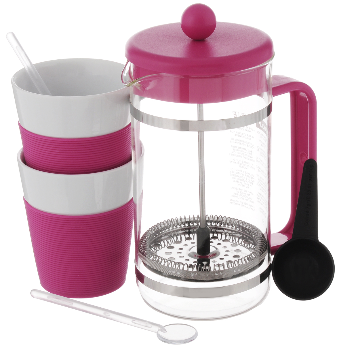 Набор кофейный Bodum Bistro, цвет: розовый, прозрачный, белый, 6 предметов. AK1508AK1508-634-Y15/AK1508-XY-Y15 Набор кофейный Bodum Bistro, цвет: розовый, прозрачный, белый, 6 предметов. AK1508AK1508-634-Y15/AK1508-XY-Y15Кофейный набор Bodum Bistro состоит из чайника френч-пресса, 2 стаканов, 2 ложек и мерной ложки. Френч-пресс выполнен из высококачественного жаропрочного стекла, нержавеющей стали и пластика. Френч-пресс - это заварочный чайник, который поможет быстро приготовить вкусный и ароматный чай или кофе. Металлический нержавеющий фильтр задерживает чайные листочки и частички зерен кофе. Засыпая чайную заварку или кофе под фильтр, заливая горячей водой, вы получаете ароматный напиток с оптимальной крепостью и насыщенностью. Остановить процесс заваривания легко, для этого нужно просто опустить поршень, и все уйдет вниз, оставляя сверху напиток, готовый к употреблению. Элегантные стаканы выполнены из высококачественного фарфора и оснащены резиновой вставкой, защищающей ваши руки от высоких температур. Ложки изготовлены из пластика. Яркий и стильный набор украсит стол к чаепитию и станет чудесным подарком к любому случаю. Изделия можно мыть в посудомоечной машине.Объем френч-пресса: 1 л. Диаметр френч-пресса (по верхнему краю): 10 см. Высота френч-пресса: 21,5 см. Объем стакана: 300 мл. Диаметр стакана по верхнему краю: 8,5 см. Высота стакана: 10 см. Длина мерной ложки: 10 см.Длина ложек: 14 см.