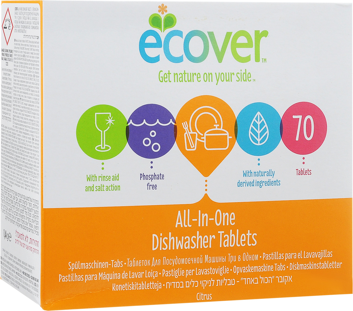 Таблетки для посудомоечной машины Ecover All in One, экологические, 70 шт4001925 Таблетки для посудомоечной машины Ecover All in One, экологические, 70 шт4001925Эффективное и экологически чистое средство для автоматического мытья посуды Ecover All in One не требуется добавления соли и ополаскивателя для посудомоечной машины. Прекрасно удаляет загрязнения и жиры, оставляя посуду чистой и придавая ей блеск, не оставляя после себя никаких следов. Предотвращает образование известковых отложений на посуде и нагревательных элементах посудомоечной машины за счет использования быстроразлагаемых полипептидов. Каждая таблетка имеет индивидуальную упаковку. Не содержит синтетических ароматизаторов и хлора.Содержит энзимы (не ГМО). Обладают натуральным цитрусовым ароматом. Подходит для использования в домах с автономной канализацией. Не наносит вреда любым видам септиков. Товар сертифицирован.