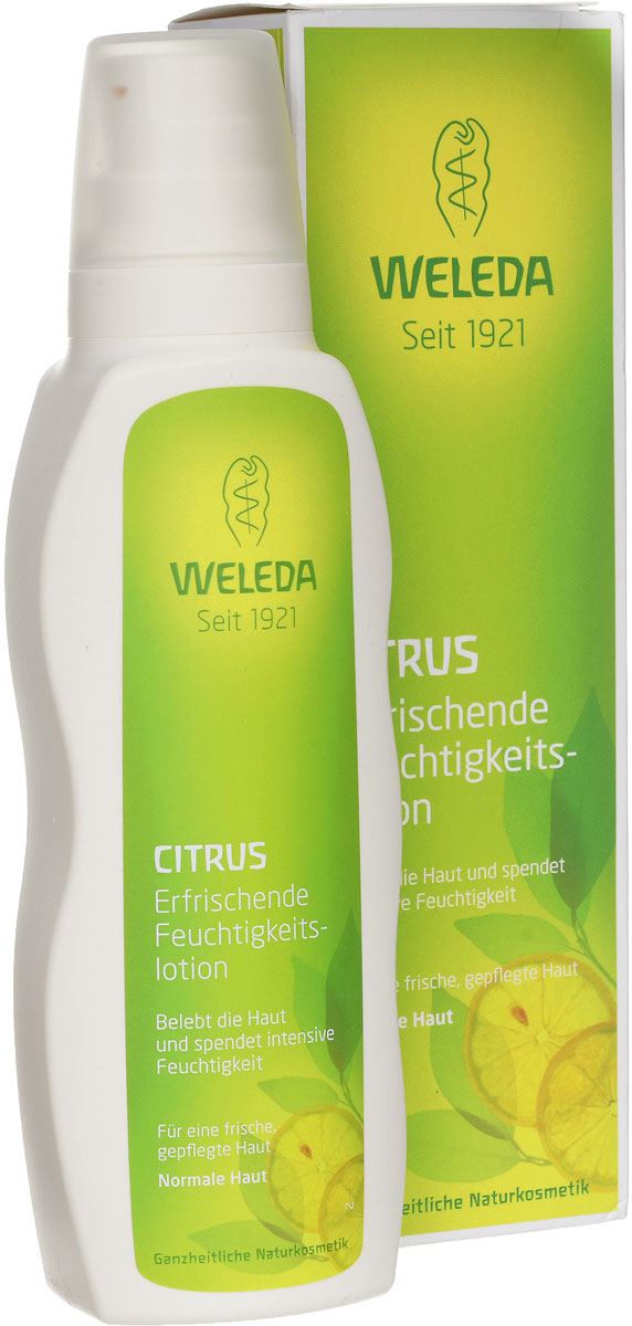 Молочко для тела Weleda Citrus, освежающее, 200 мл8856 Молочко для тела Weleda Citrus, освежающее, 200 мл8856Освежающий аромат лимонов оказывает тонизирующее воздействие на организм - он бодрит, заряжает энергией на целый день и обладает сильными антидепрессивными свойствами. Яркие солнечные лучи, плодородная земля и заботливый уход в течение всего года - вот в чем секрет сочных и ароматных лимонов, из которых добывают эфирное масло для продукции Weleda. Необыкновенно ароматное 100% натуральное молочко для тела Weleda Citrus с органическим гелем алоэ пробуждает чувства и наполняет кожу жизненной силой - что может быть лучше в начале нового дня! Благодаря сочетанию нежного кунжутного и легкого кокосового масел средство интенсивно увлажняет даже самые глубокие слои кожи, придавая ей сказочную гладкость и здоровое сияние. Содержание влаги в коже после четырехнедельного использования молочка увеличивается на 25%. Благодаря своей шелковистой консистенции цитрусовое молочко быстро впитывается, не оставляяжирного блеска и следов на одежде.Освежающее увлажняющее молочко для тела с цитрусом прекрасно подходит для всех членов семьи. Благодаря приятному охлаждающему действию оно оптимально подходит для ухода за кожей после загара. Характеристики:Объем: 200 мл. Производитель: Германия. Артикул: 8856. Товар сертифицирован.