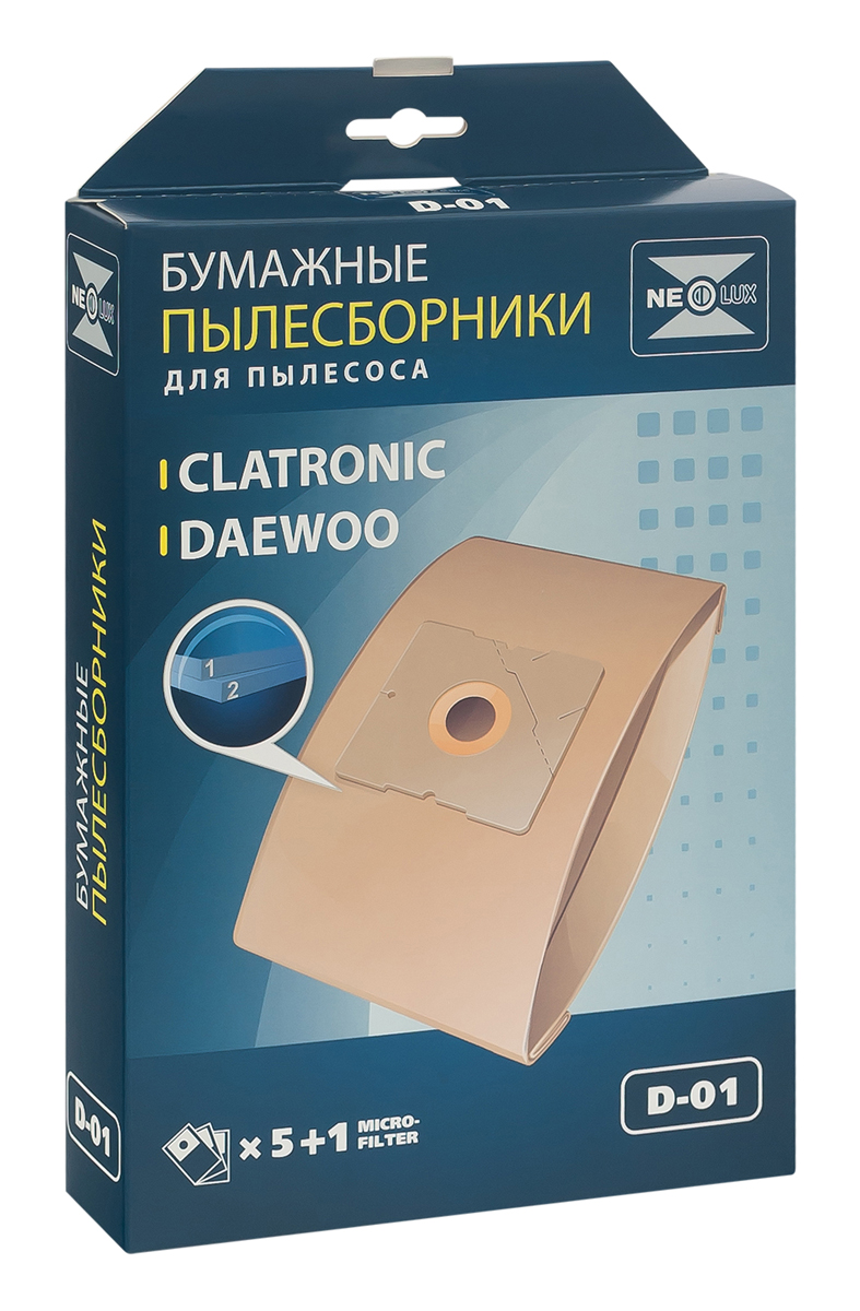 Neolux D-01 бумажный пылесборник (5 шт) + микрофильтрD-01 Neolux D-01 бумажный пылесборник (5 шт) + микрофильтрD-01Пылесборники Neolux D-01 предназначены для пылесосов Samsung, Daewoo, Bork, Clatronic, Scarlett. Изготовлены из двухслойной фильтровальной бумаги. Обеспечивают идеальное качество уборки.В комплект входит универсальный фильтр защиты двигателя размером 125х195 мм.Совместимые модели:Samsung SC 31, SC 51, SC 52, SC 53, SC 54, VC 61, VC/SC 69, SC 70, SC 72, SC 75Daewoo Compakt, Koala, RC 103 - RC 110, RC 160, RC 161, RC 170 - RC 173, RC 190 - RC 193, RC 200, RC 202, RC 205, RC 209, RC 210, RC 405 - RC 407, RC 450, RC 505, RC 550, RC 605 - RC 609, RC 705, RC 707, RC 805, RC 1504, RC 2006, RC 2200 - RC 2202, RC 2205, RC 2230, RC 2400, RC 2500, RC 3001, RC 3106, RC 5001, RC 6016, RC 7001, RC 7004, RC 8200, RC 8500, RC 8600, RCP 1000, RCP 1008, VC 6714, VC 7114Bork: VC 2516, VC 3119, VC 3216, VC 5317, VC 6514, VC 7516, VC 8022Clatronic: BS 1204, BS 1205, BS 1211, BS 1215, BS 1219, BS 1220, BS 1221, BS 1223, BS 1225, BS 1226Scarlett: SC 081, SC 088, SC 1080, SC 1084, SC 1087.