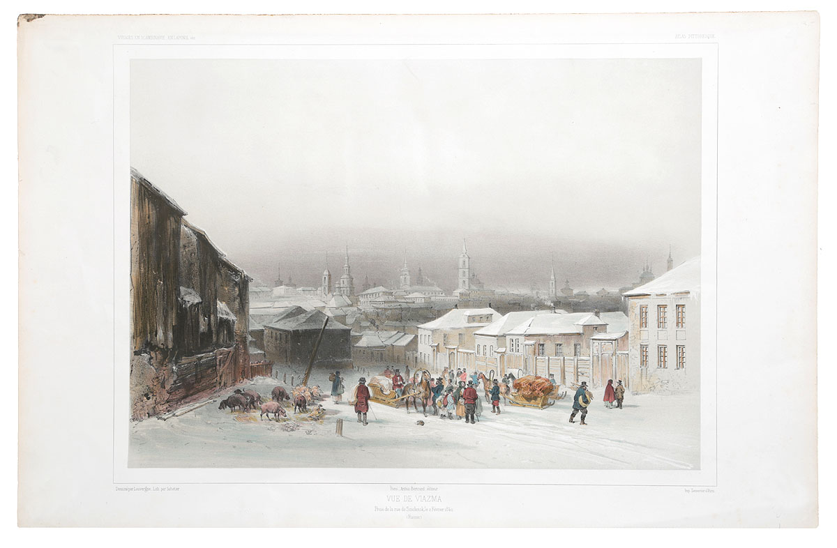 Вид на Вязьму с улицы Смоленской. Цветная литография. Франция, 1840 год