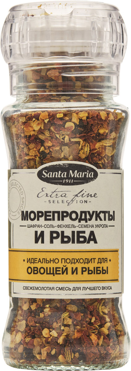 Santa Maria Смесь Морепродукты и рыба, 90 г26724 Santa Maria Смесь Морепродукты и рыба, 90 г26724Смесь Santa Maria Морепродукты и рыба - отлично сбалансированная смесь для рыбы и морепродуктов.Подходит также для супов, вегетарианских блюд и паэльи.