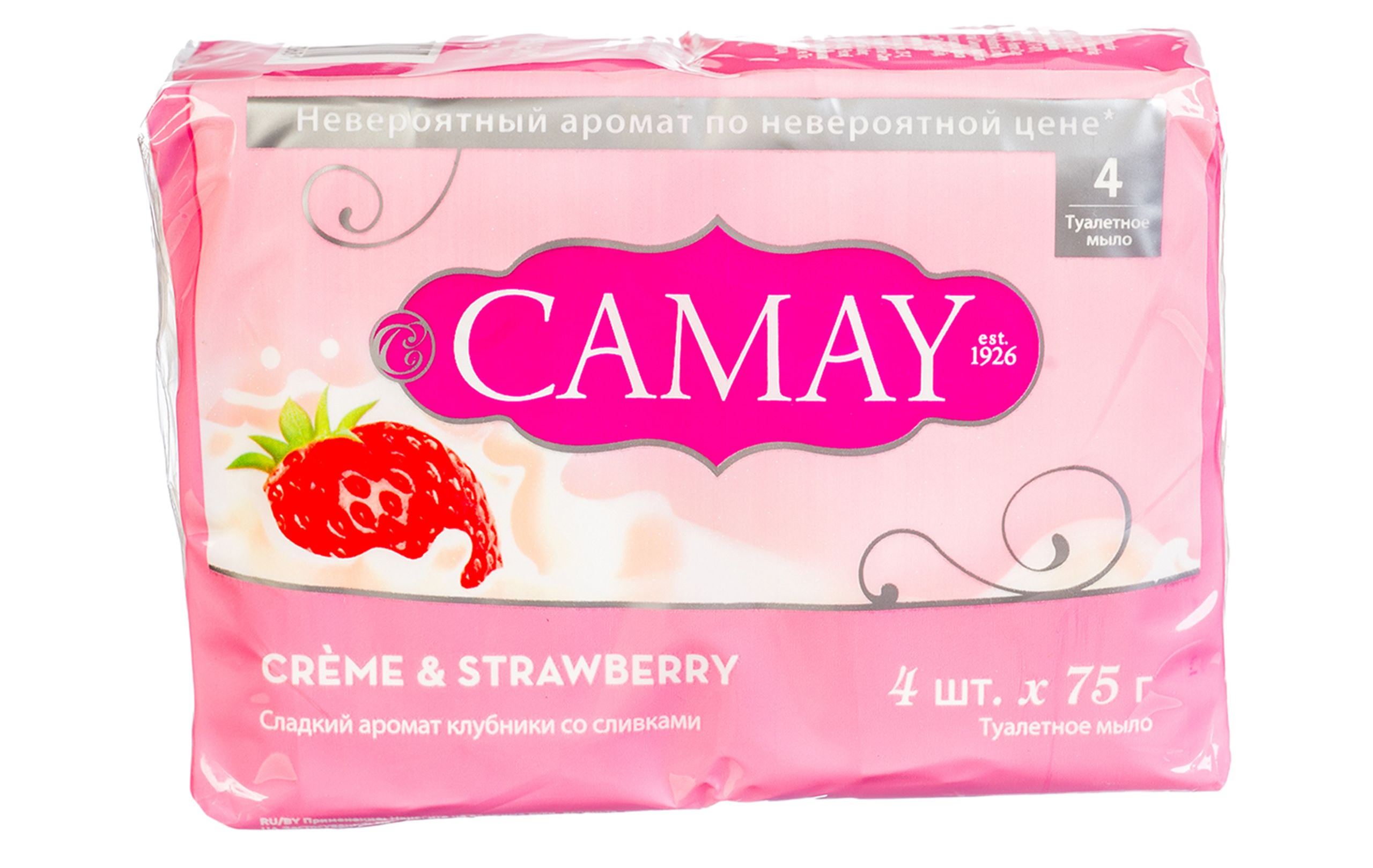CAMAY Мыло твердое Клубника со сливками 4х75г05303331 CAMAY Мыло твердое Клубника со сливками 4х75г05303331Твердое Мыло Creme&Strawberry (Клубника Со Сливками) Дарит Божественный Аромат Спелой Клубники И Сливок, Делая Кожу Соблазнительно Нежной И Благоухающей.